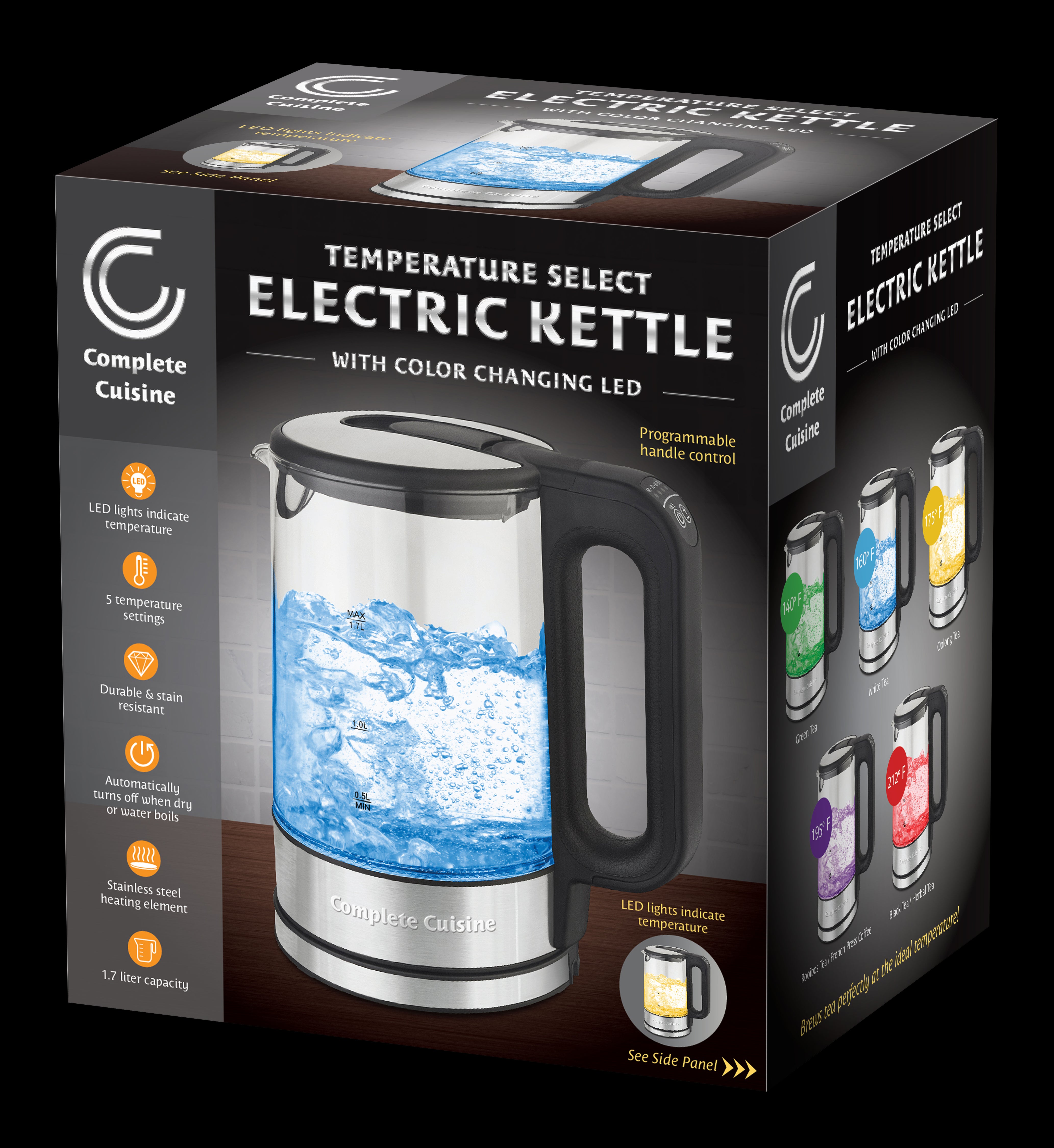 Complete Cuisine Electric Glass Kettle Temperature Control With 5 Colors LED Lights Variable, Keep Warm, Fast Boiling Electric Kettle, Stainless Steel, 1.7L