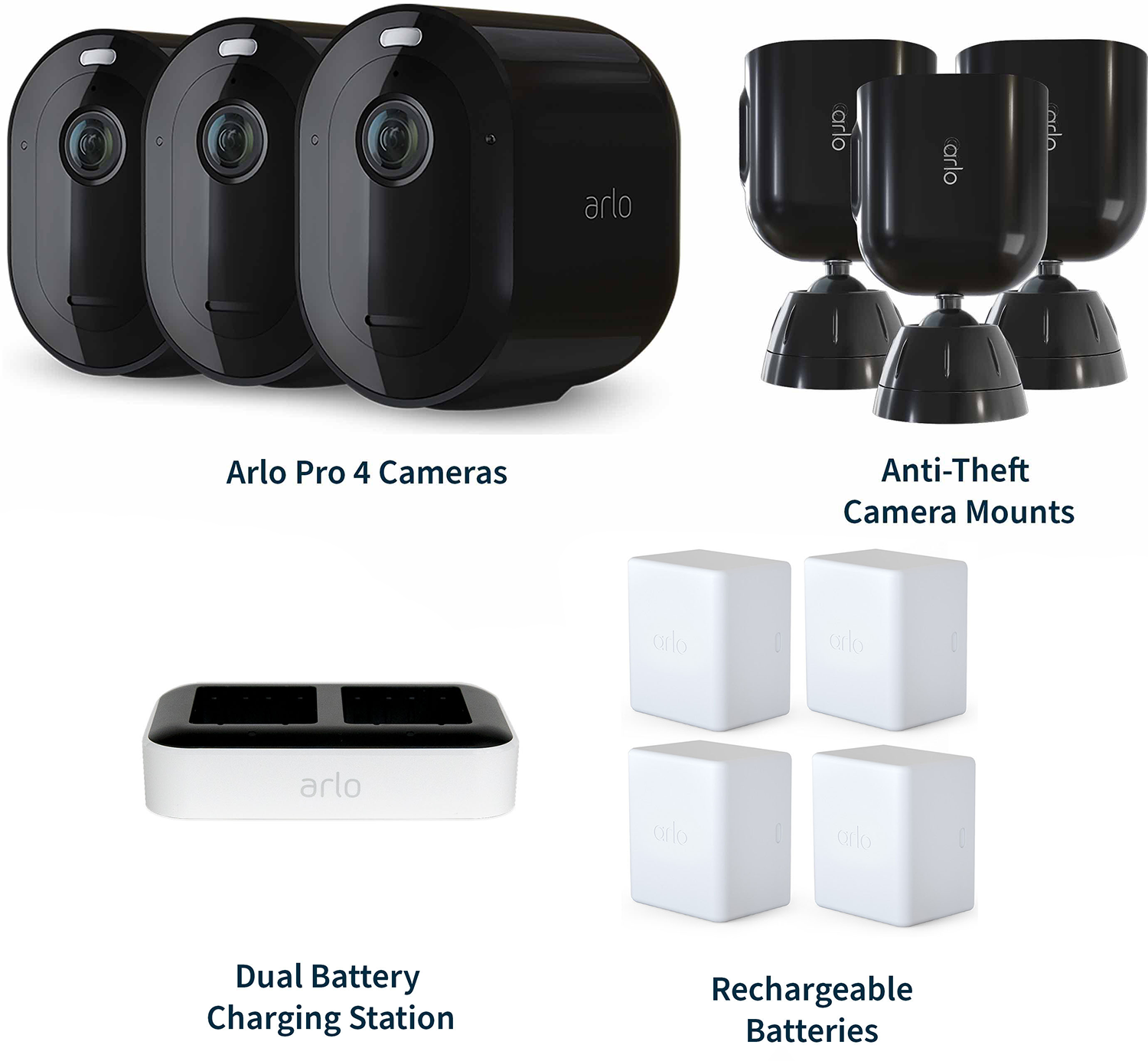 Arlo - Pro 4 Spotlight Camera Security Bundle - 3 Wire-Free Cameras Indoor/Outdoor 2K with Color Night Vision (11 pieces)