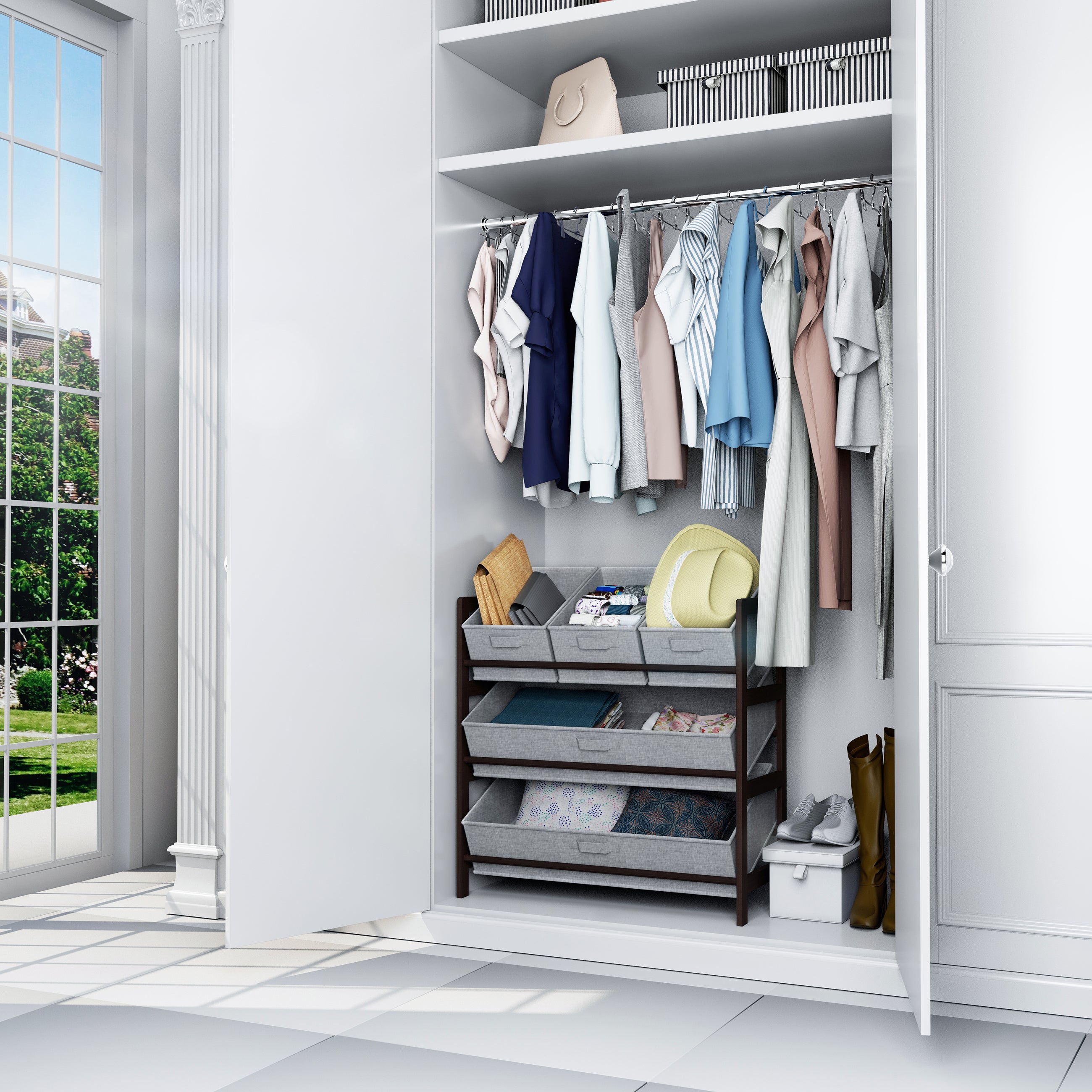 Humble Crew Oslo Compact Fabric Bin Organizer, 3 Small Bins & 2 Large Bins, Dark Pine & Grey