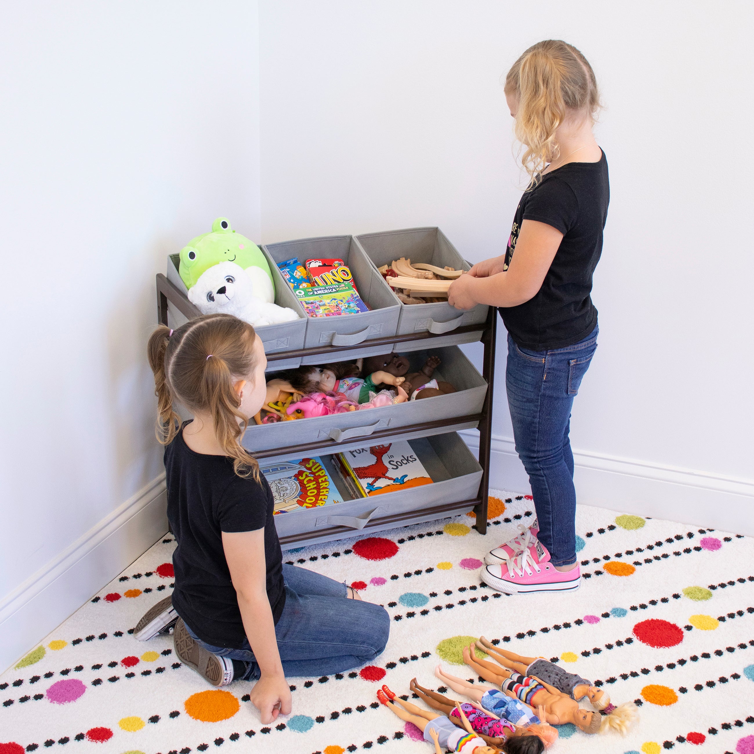 Humble Crew Oslo Compact Fabric Bin Organizer, 3 Small Bins & 2 Large Bins, Dark Pine & Grey