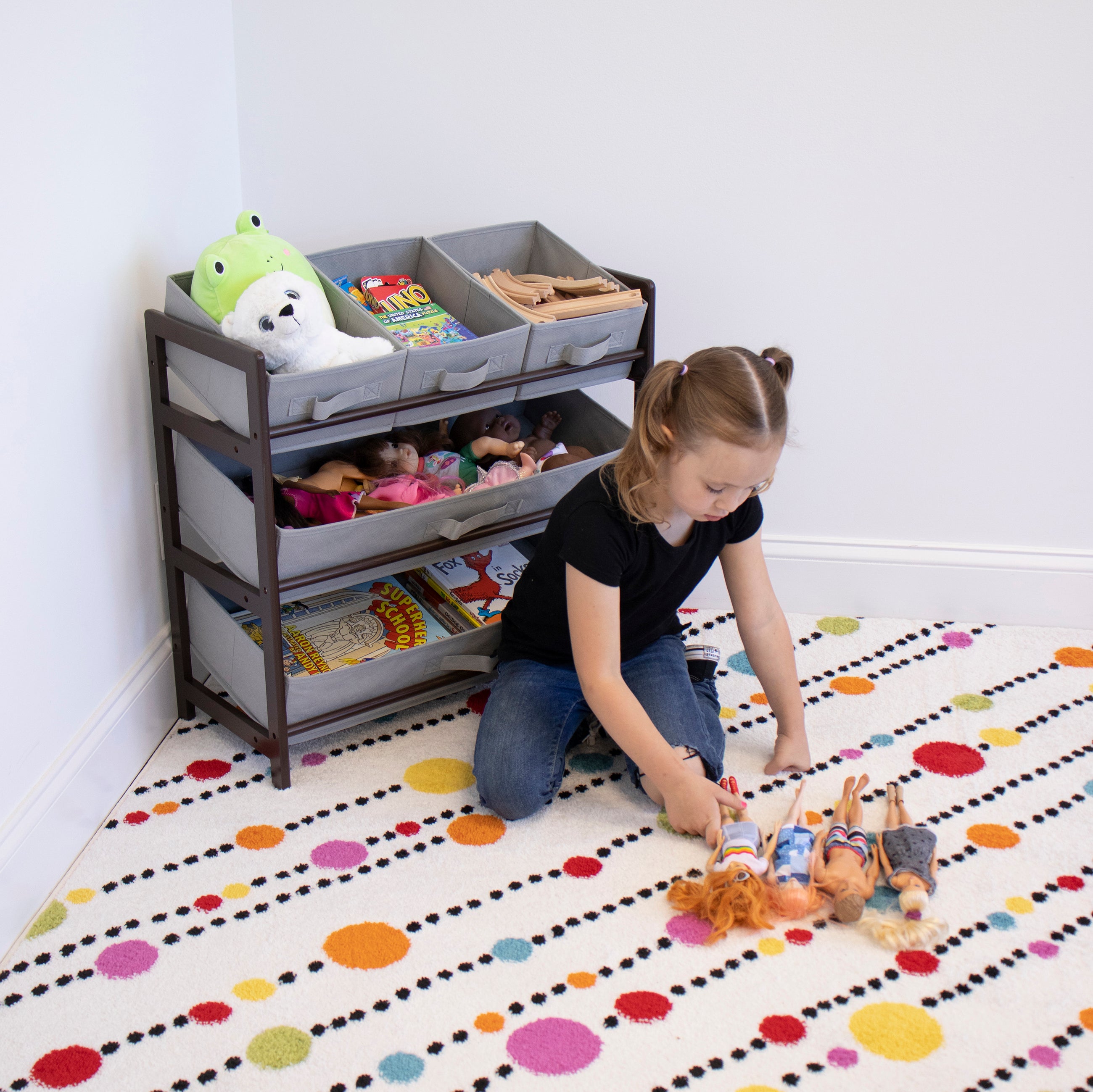 Humble Crew Oslo Compact Fabric Bin Organizer, 3 Small Bins & 2 Large Bins, Dark Pine & Grey