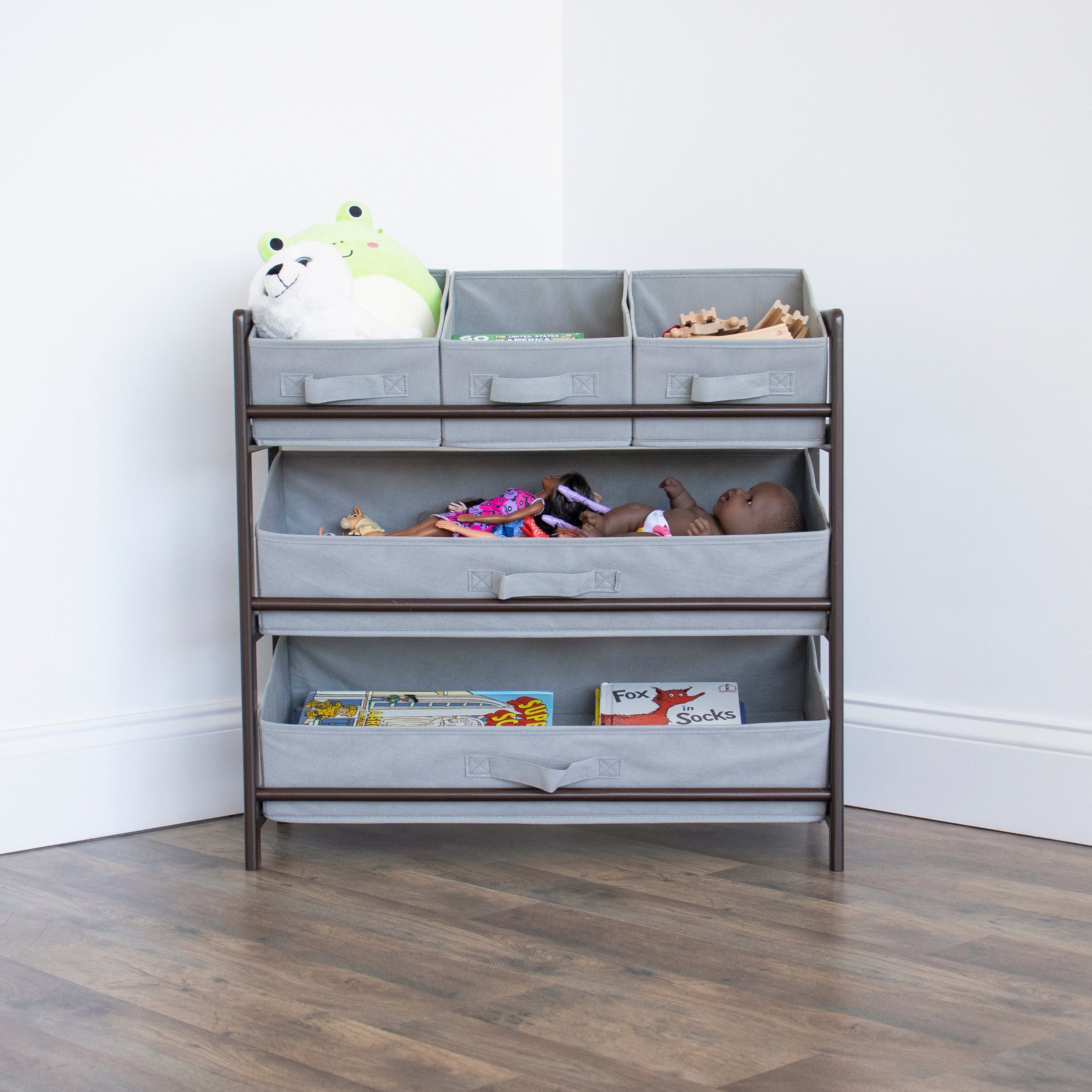 Humble Crew Oslo Compact Fabric Bin Organizer, 3 Small Bins & 2 Large Bins, Dark Pine & Grey