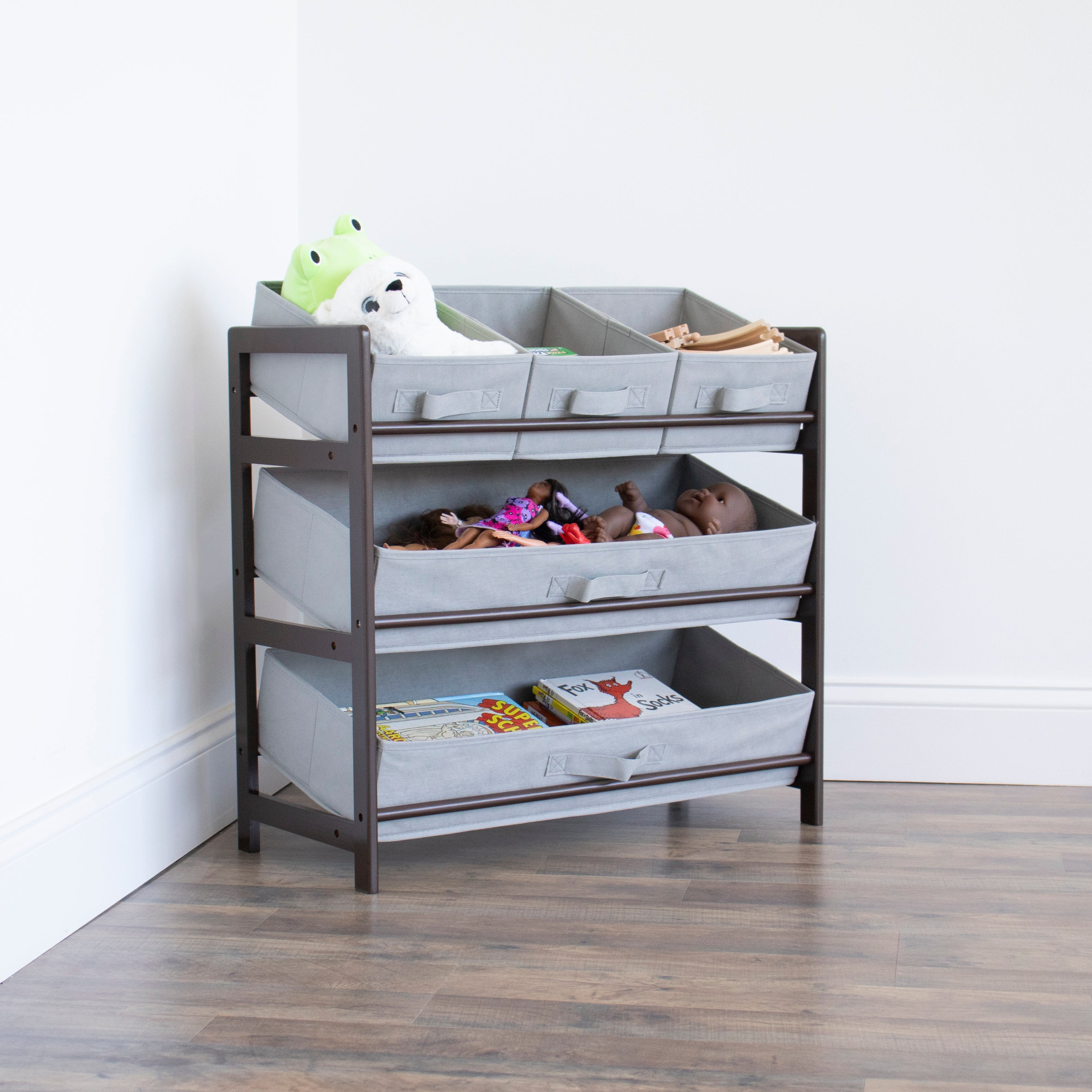 Humble Crew Oslo Compact Fabric Bin Organizer, 3 Small Bins & 2 Large Bins, Dark Pine & Grey