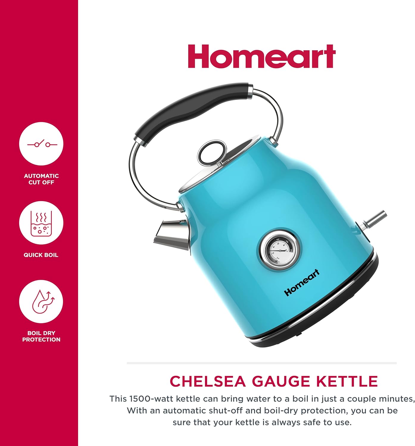 Homeart Chelsea Retro Cordless Kettle With Temperature Gauge - Stainless Steel With Removable Filter, Fast Boiling and Auto Shut-off - 1.7L Capacity
