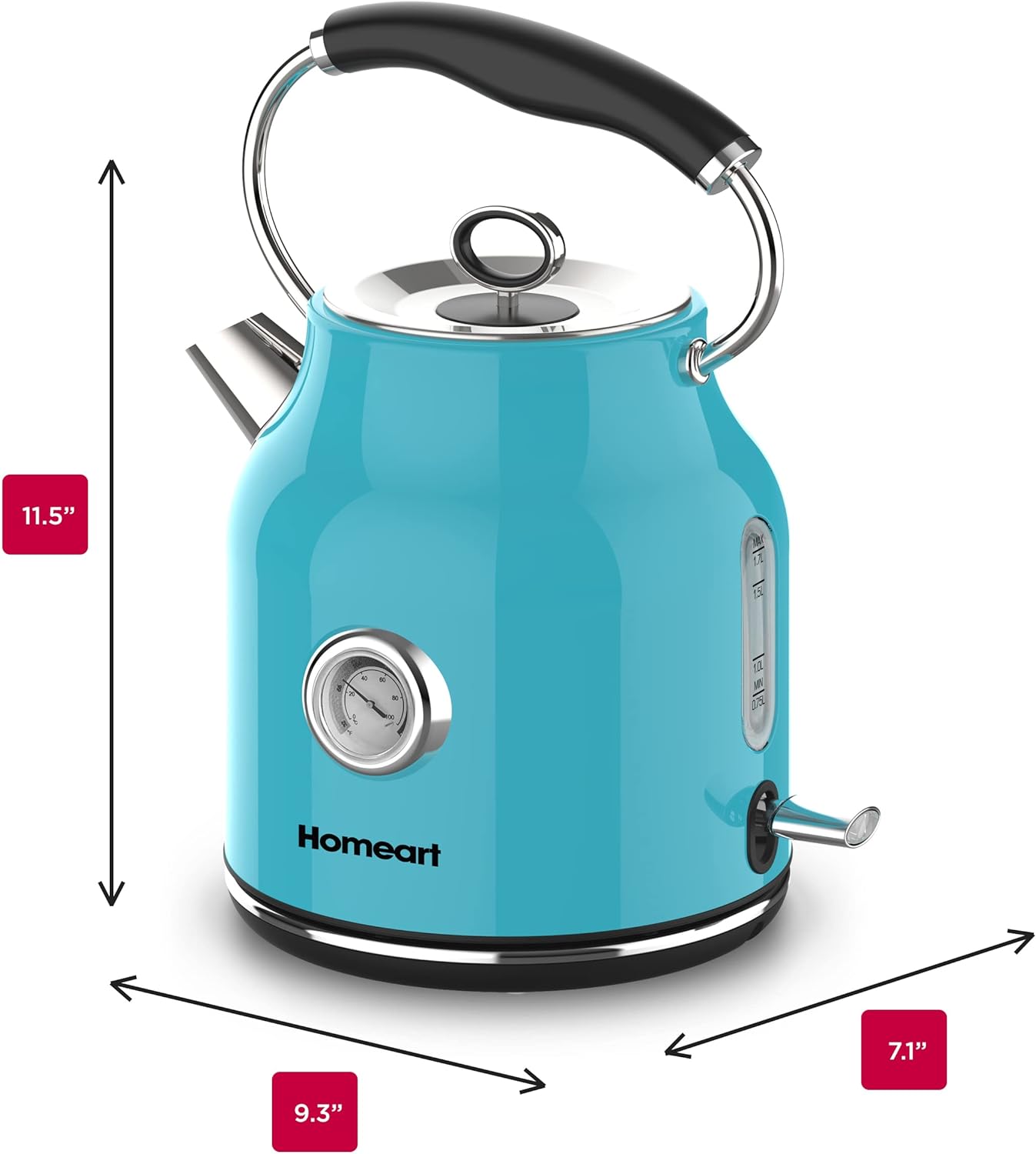 Homeart Chelsea Retro Cordless Kettle With Temperature Gauge - Stainless Steel With Removable Filter, Fast Boiling and Auto Shut-off - 1.7L Capacity