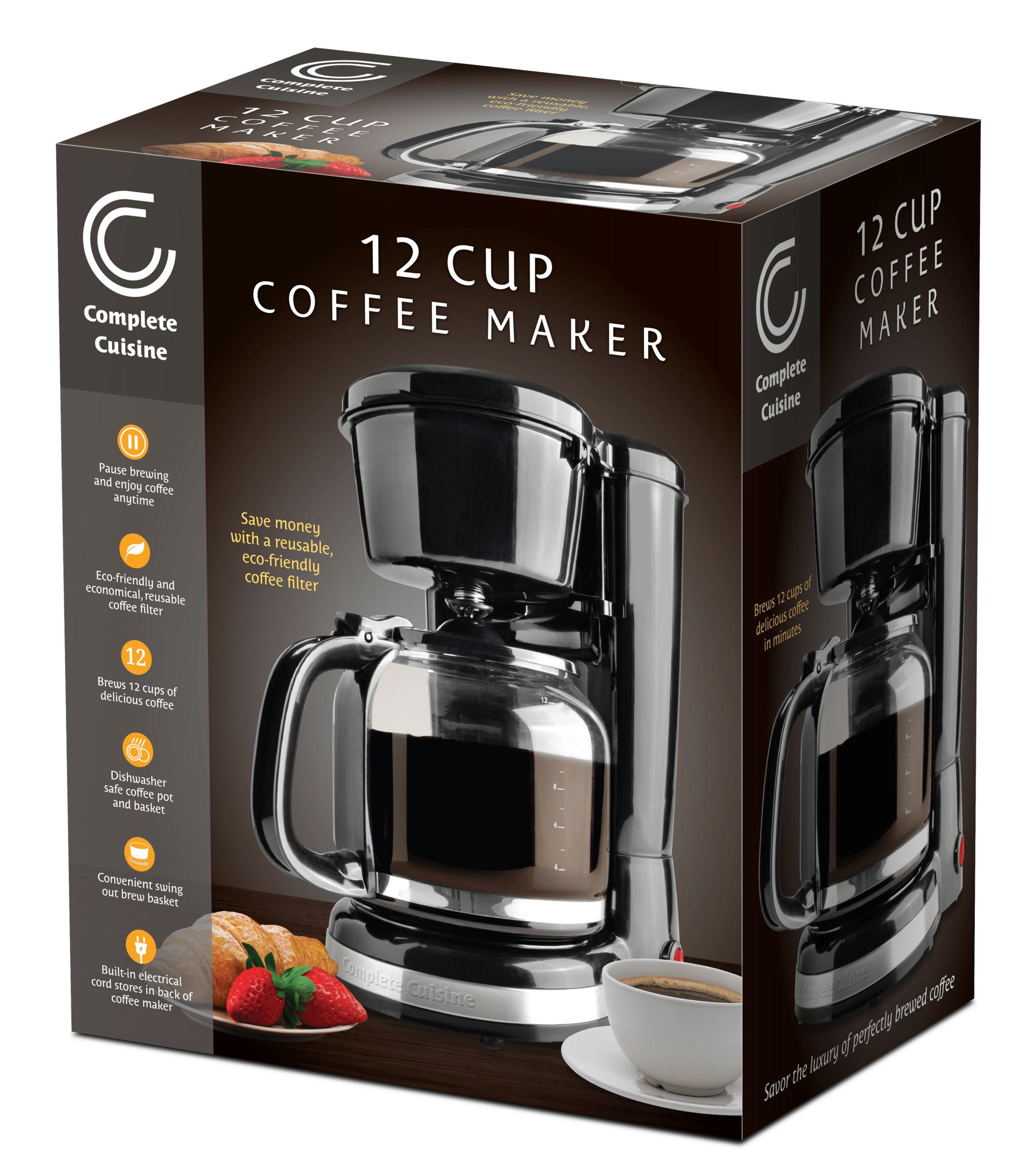 Complete Cuisine-12 Cup Coffee Maker With Reusable Filter, Black & Stainless Steel- ECO - Friendly Coffee Filter
