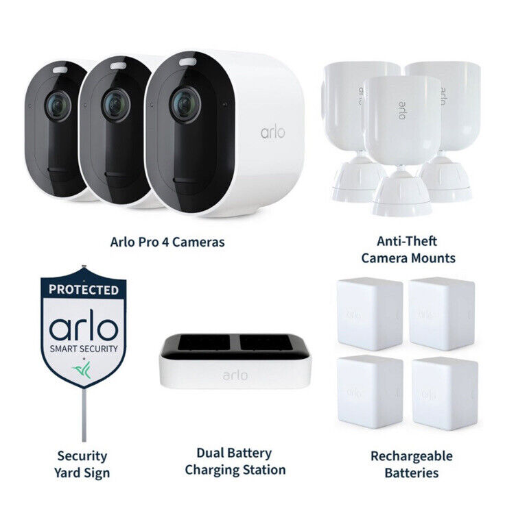 Arlo - Pro 4 Spotlight Camera Security Bundle - 3 Wire-Free Cameras Indoor/Outdoor 2K with Color Night Vision (11 pieces)