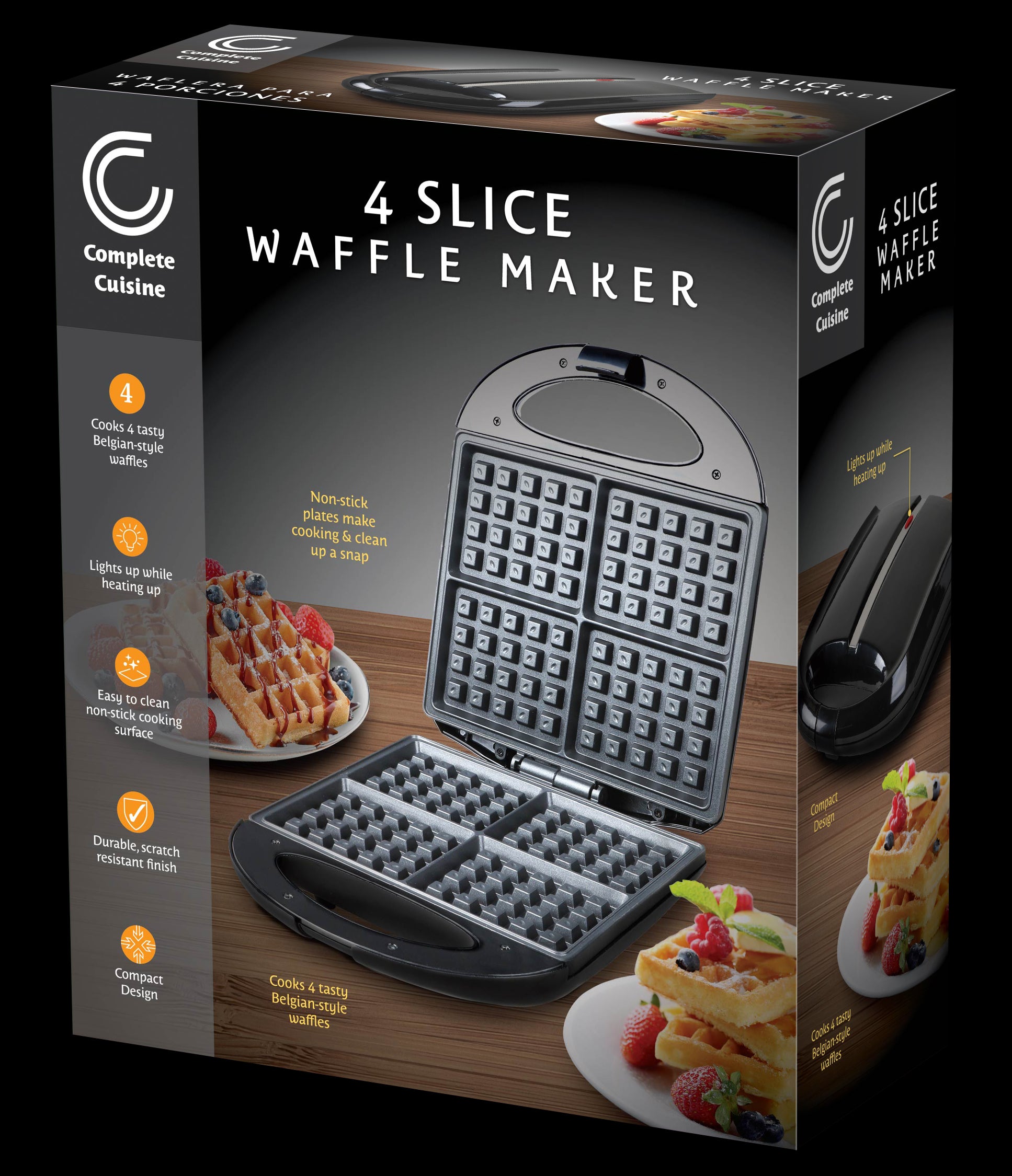 Classic Waffle Iron, 4 Square Belgian Waffle Maker, Non-Stick with Indicator Lights, Compact Design for Easy Storage, Black
