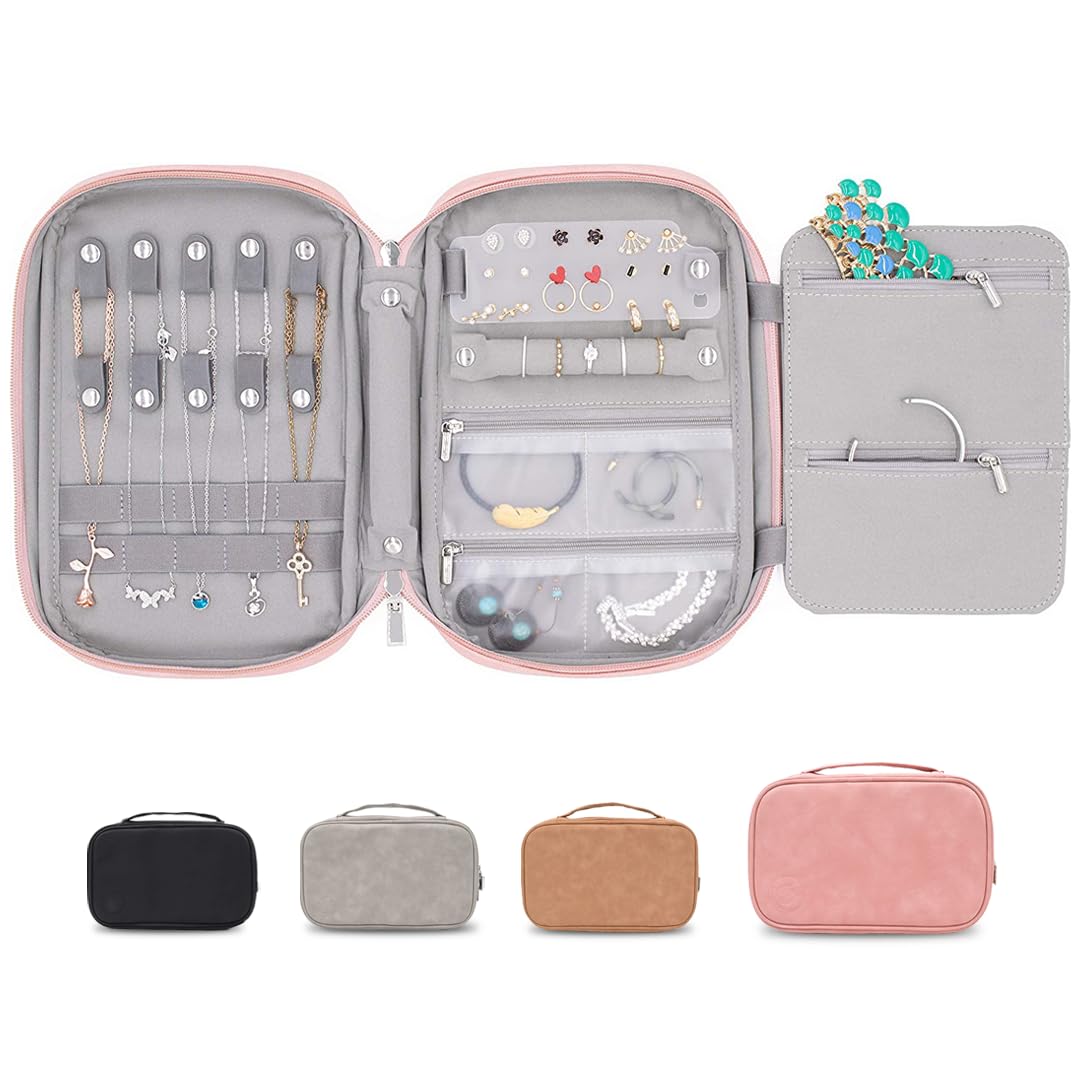 storageLAB Travel Jewelry Organizer, Faux Suede Clutch Bag for Necklaces, Earrings, Rings and Bracelets (Pink)