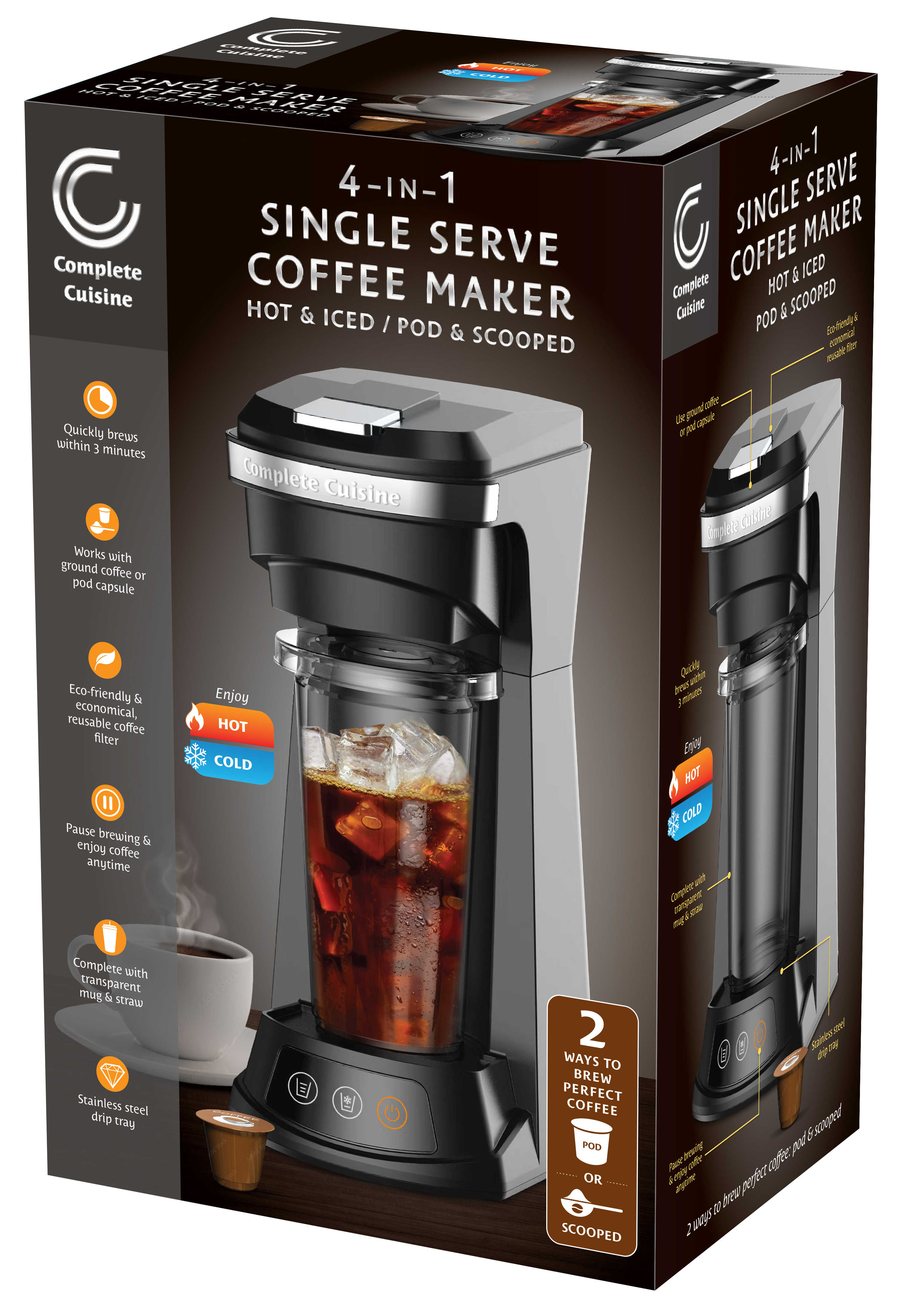 Complete Cuisine 4-in-1 Single Serve Coffee Maker Hot & Iced/Pod & Scooped
