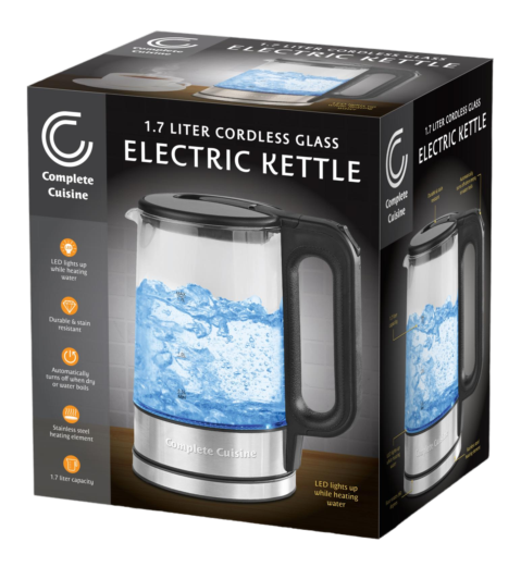 Complete Cuisine 1.7 Liter Cordless Glass Electric Kettle, with Blue LED Indicator Light and Auto-Shutoff & Boil-Dry Protection