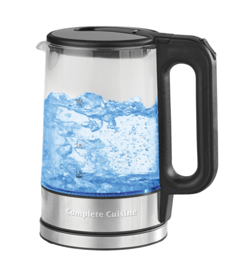 Complete Cuisine 1.7 Liter Cordless Glass Electric Kettle, with Blue LED Indicator Light and Auto-Shutoff & Boil-Dry Protection