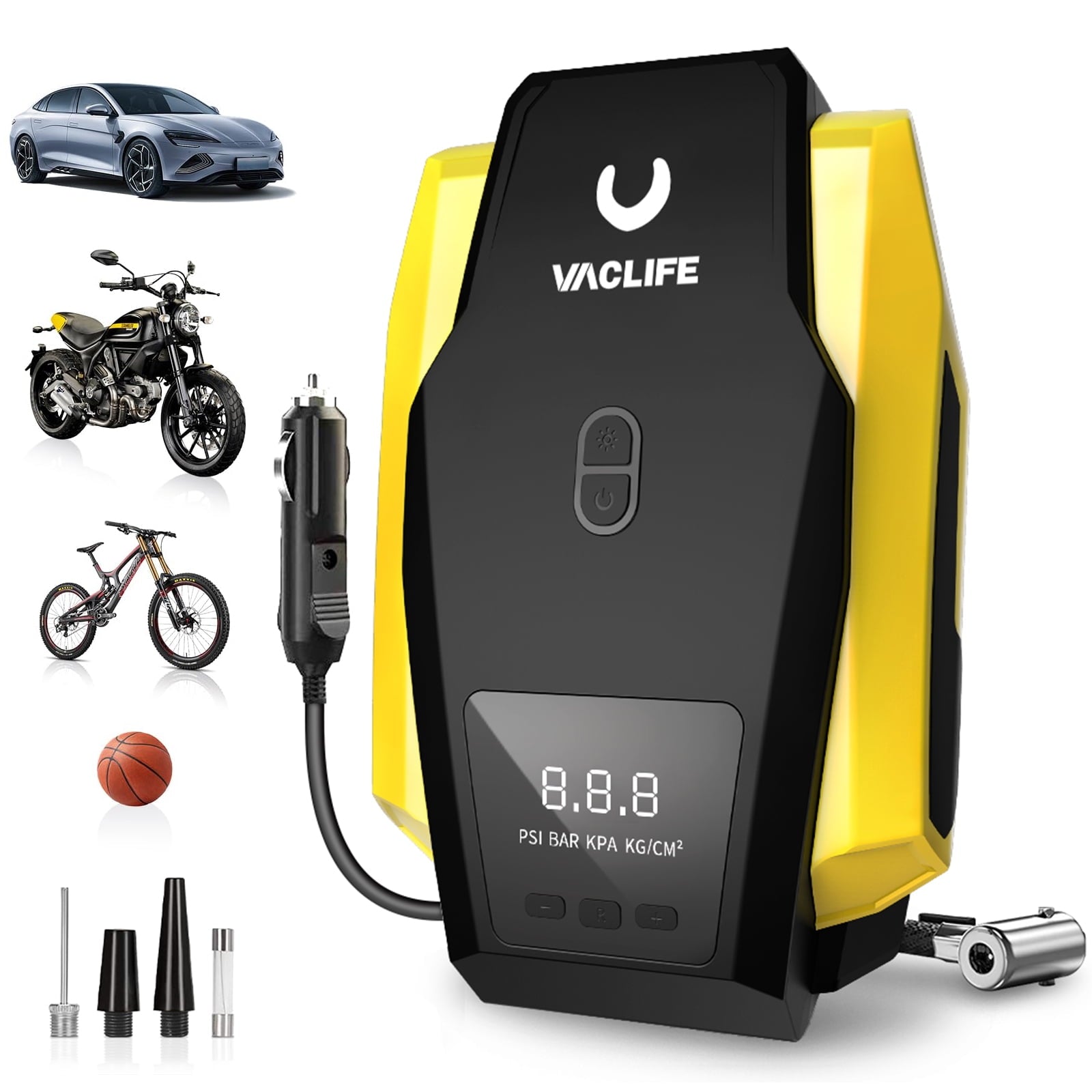 VacLife Tire Inflator Portable Air Compressor, DC 12V Auto Digital Air Pump with LED Light & 4 Accessories for Car Tires, Bicycles and Other Inflatables