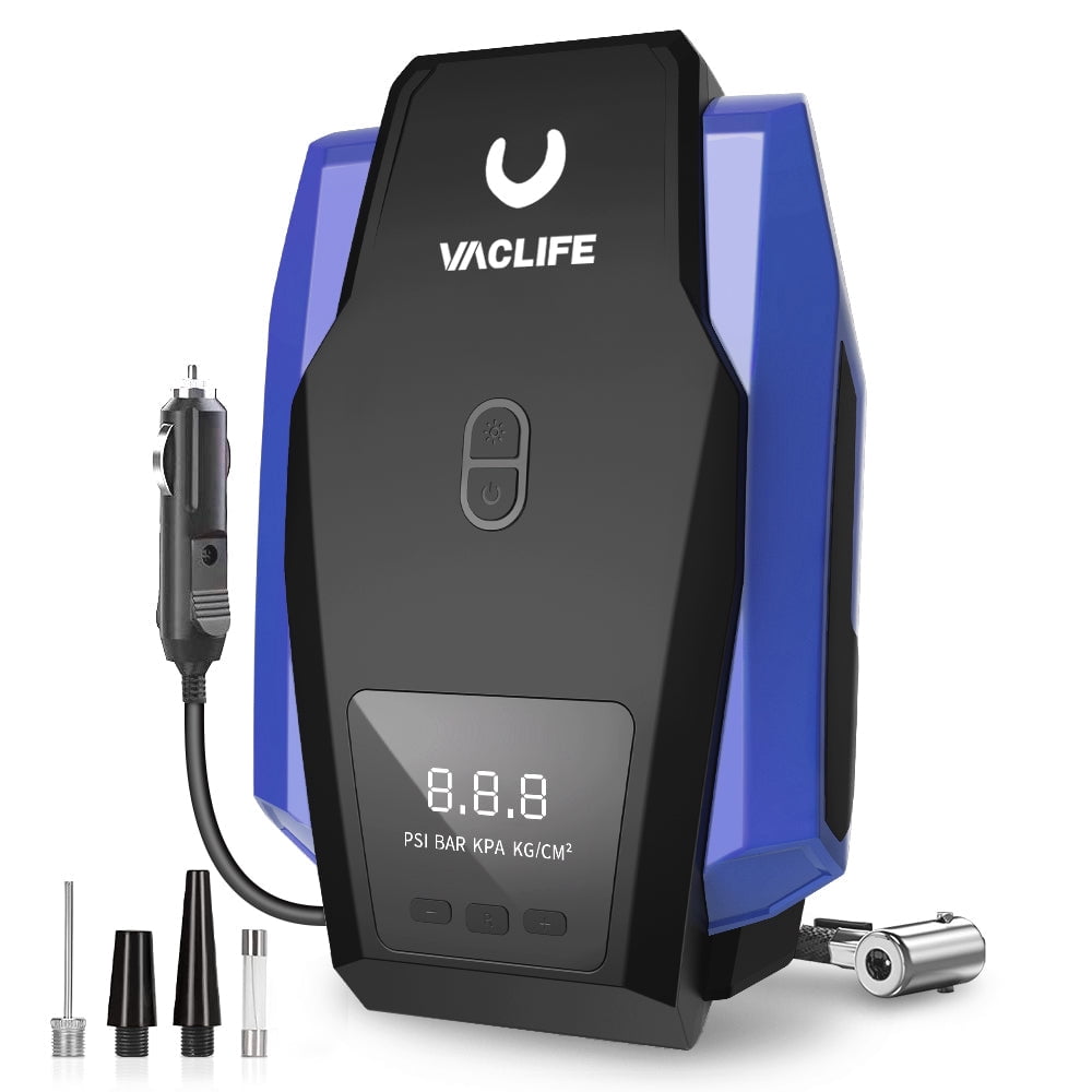 VacLife Tire Inflator Portable Air Compressor, DC 12V Auto Digital Air Pump with LED Light & 4 Accessories for Car Tires, Bicycles and Other Inflatables