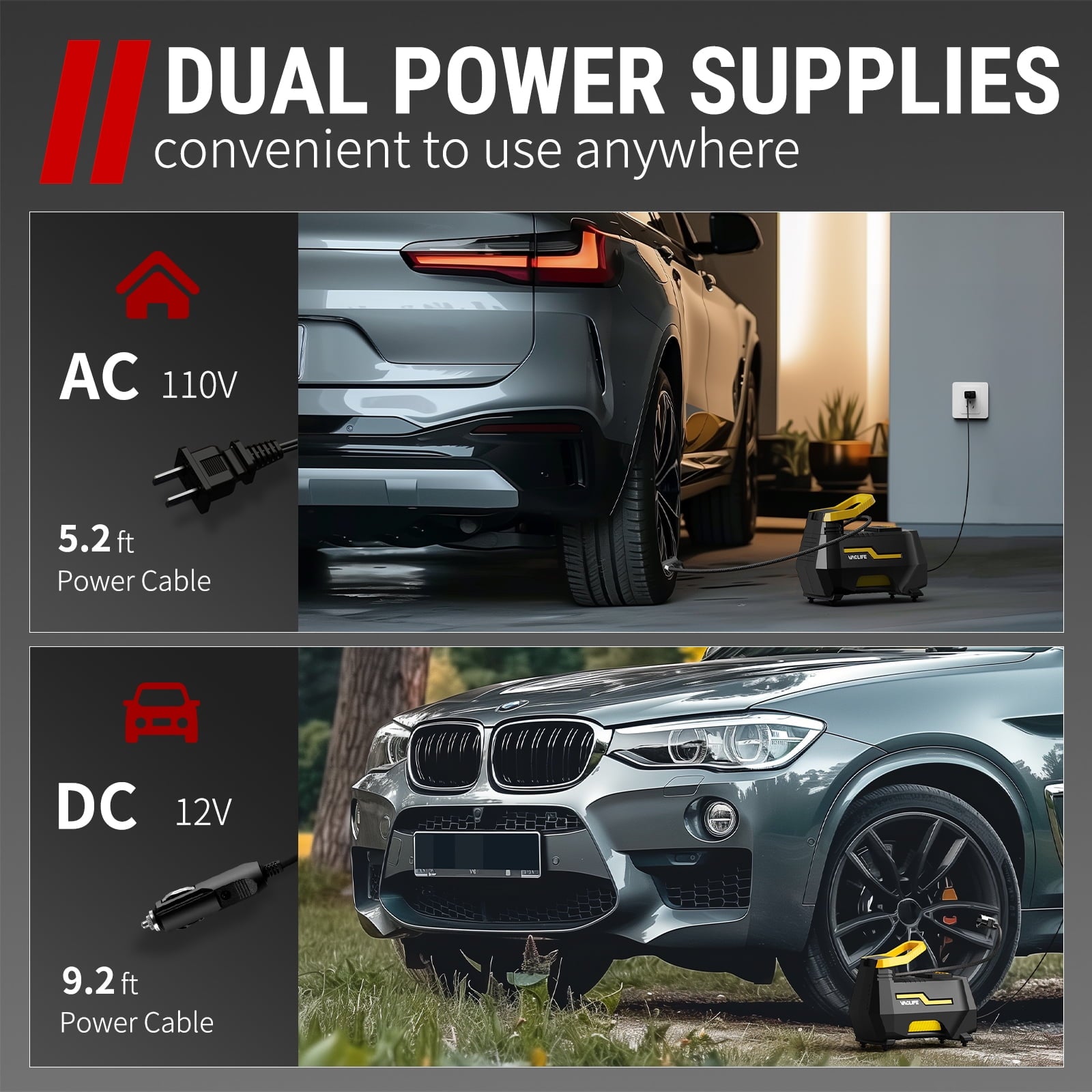 VacLife AC/DC Tire Inflator – Portable Air Compressor Pump for Car & Home (12V/110V), Digital Display, LED Light – Yellow