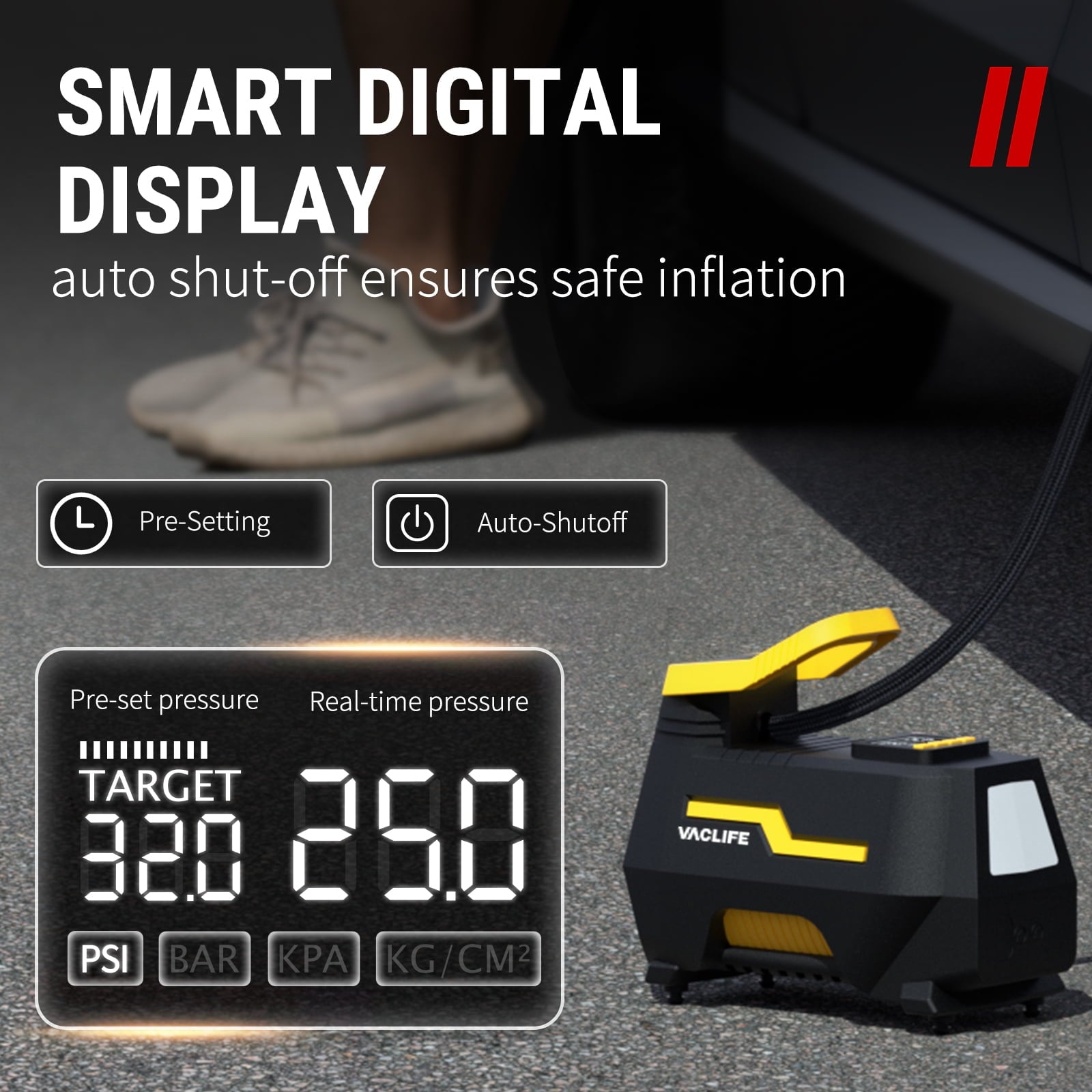 VacLife AC/DC Tire Inflator – Portable Air Compressor Pump for Car & Home (12V/110V), Digital Display, LED Light – Yellow