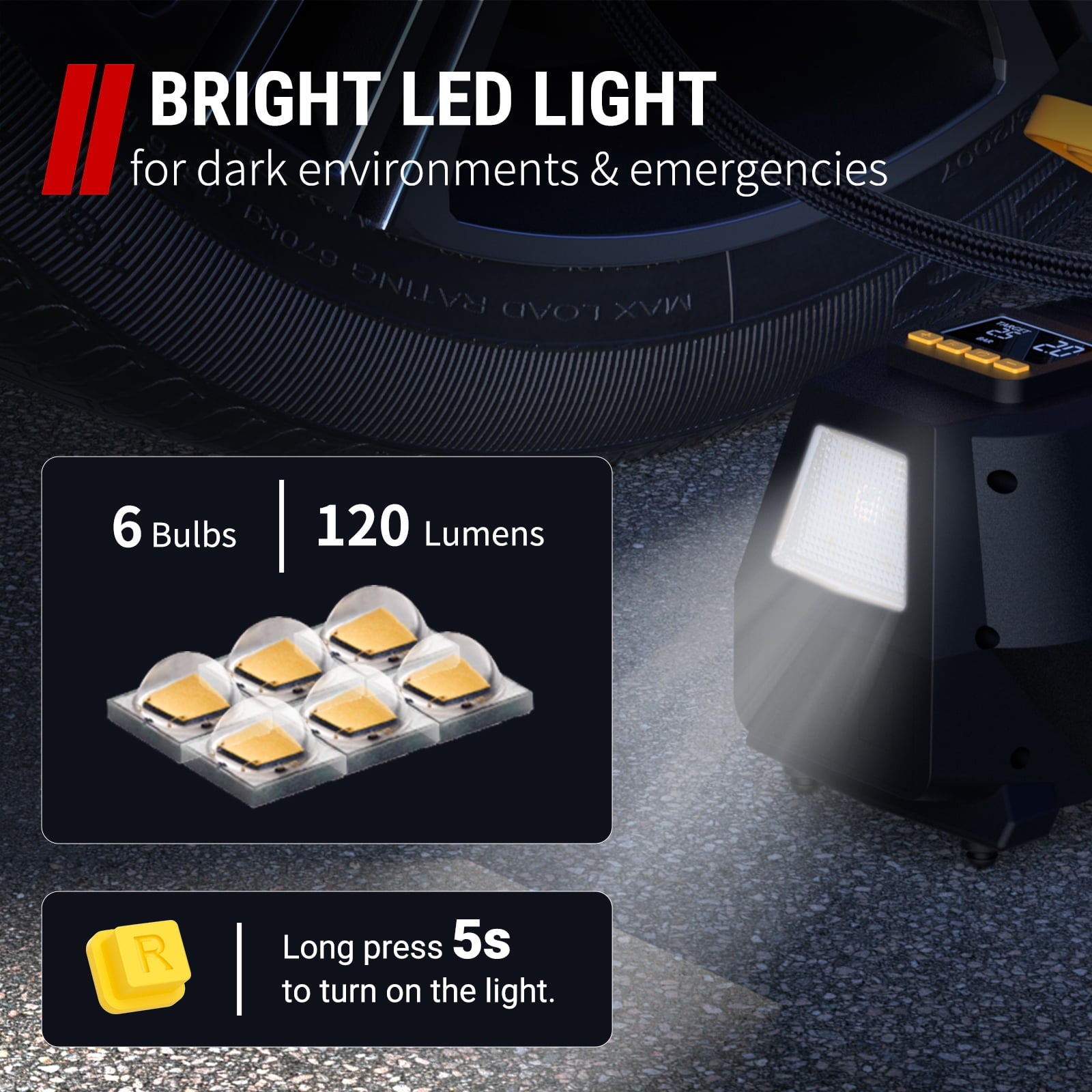 VacLife AC/DC Tire Inflator – Portable Air Compressor Pump for Car & Home (12V/110V), Digital Display, LED Light – Yellow