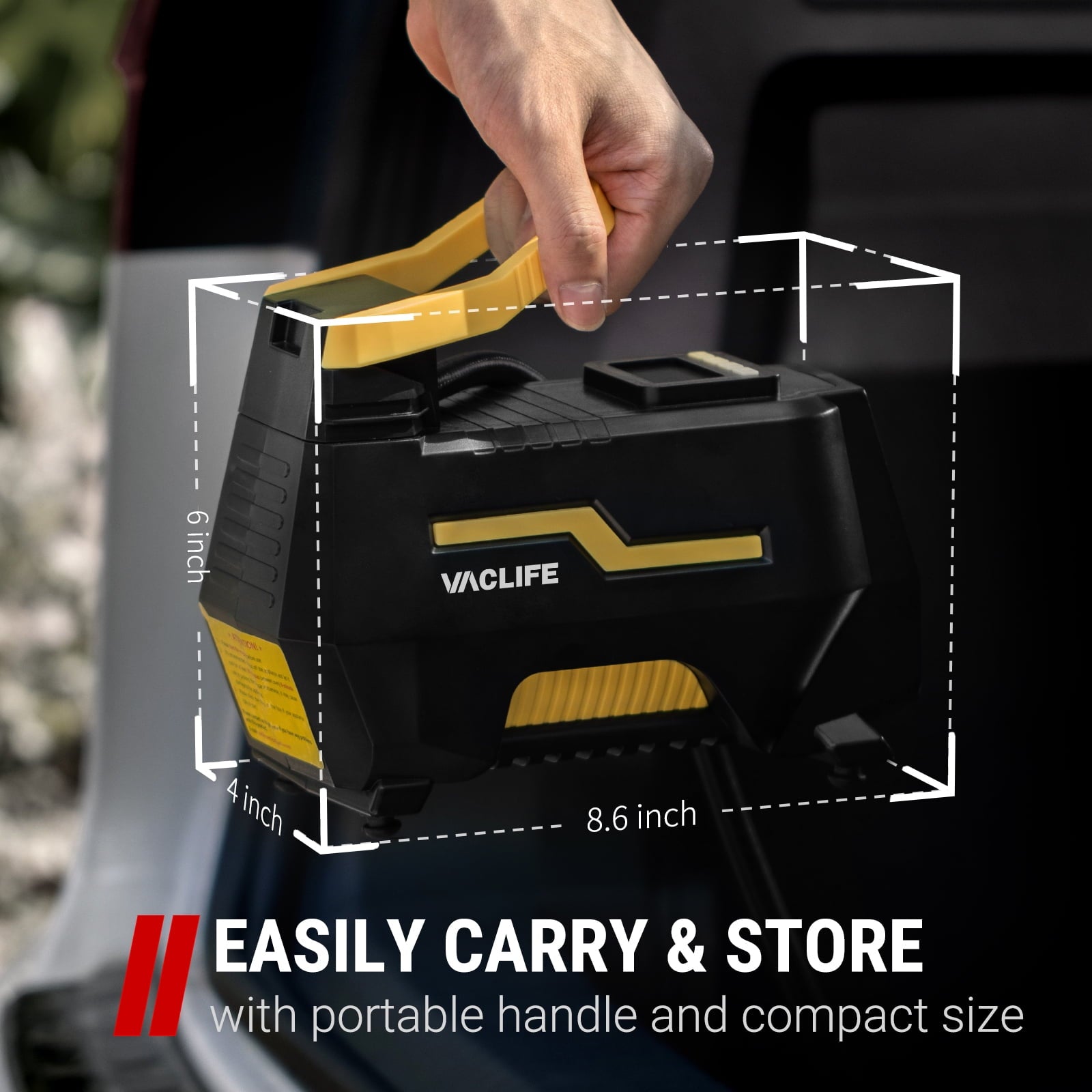 VacLife AC/DC Tire Inflator – Portable Air Compressor Pump for Car & Home (12V/110V), Digital Display, LED Light – Yellow