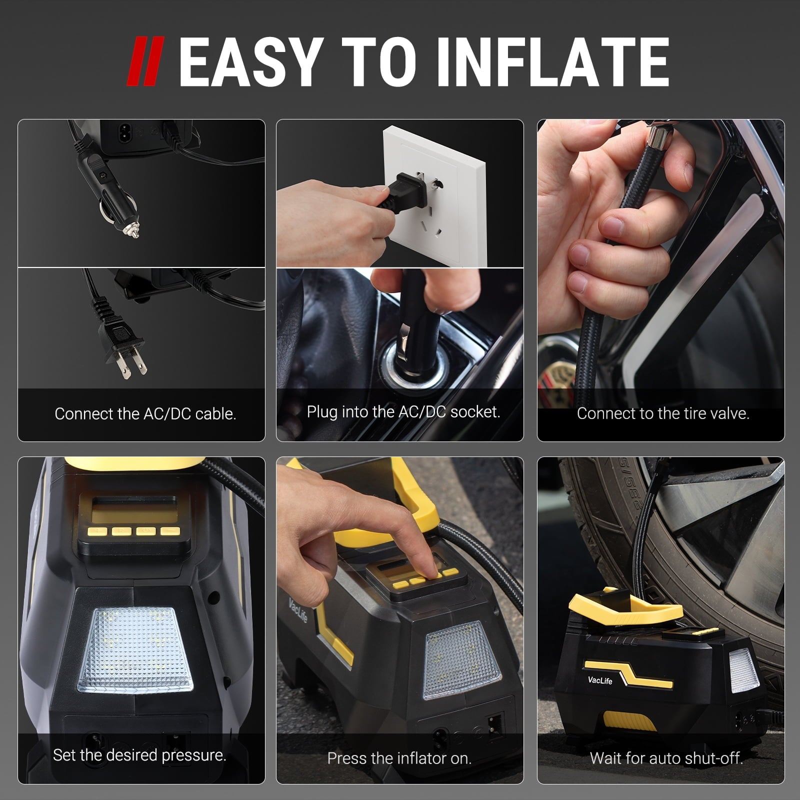 VacLife AC/DC Tire Inflator – Portable Air Compressor Pump for Car & Home (12V/110V), Digital Display, LED Light – Yellow