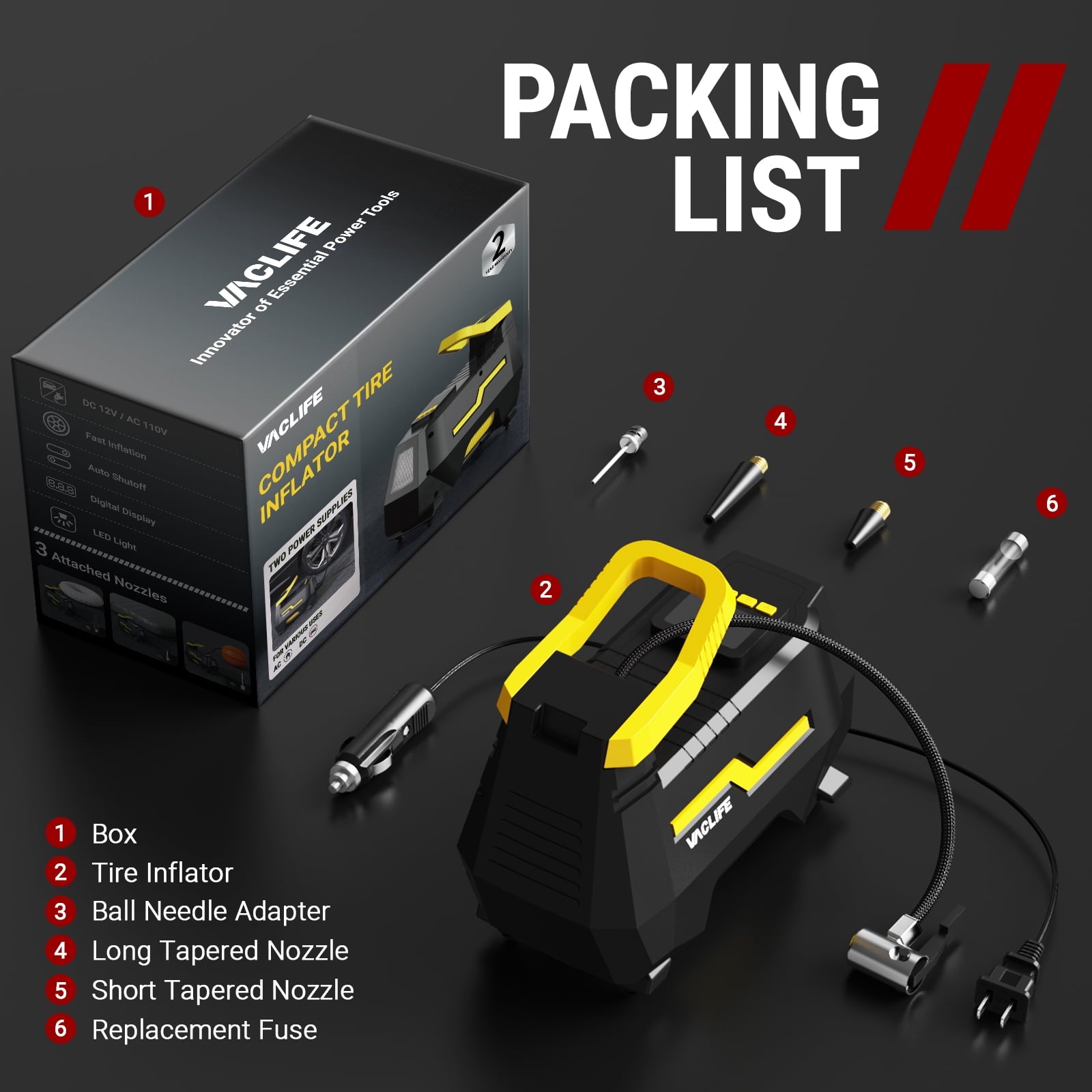 VacLife AC/DC Tire Inflator – Portable Air Compressor Pump for Car & Home (12V/110V), Digital Display, LED Light – Yellow