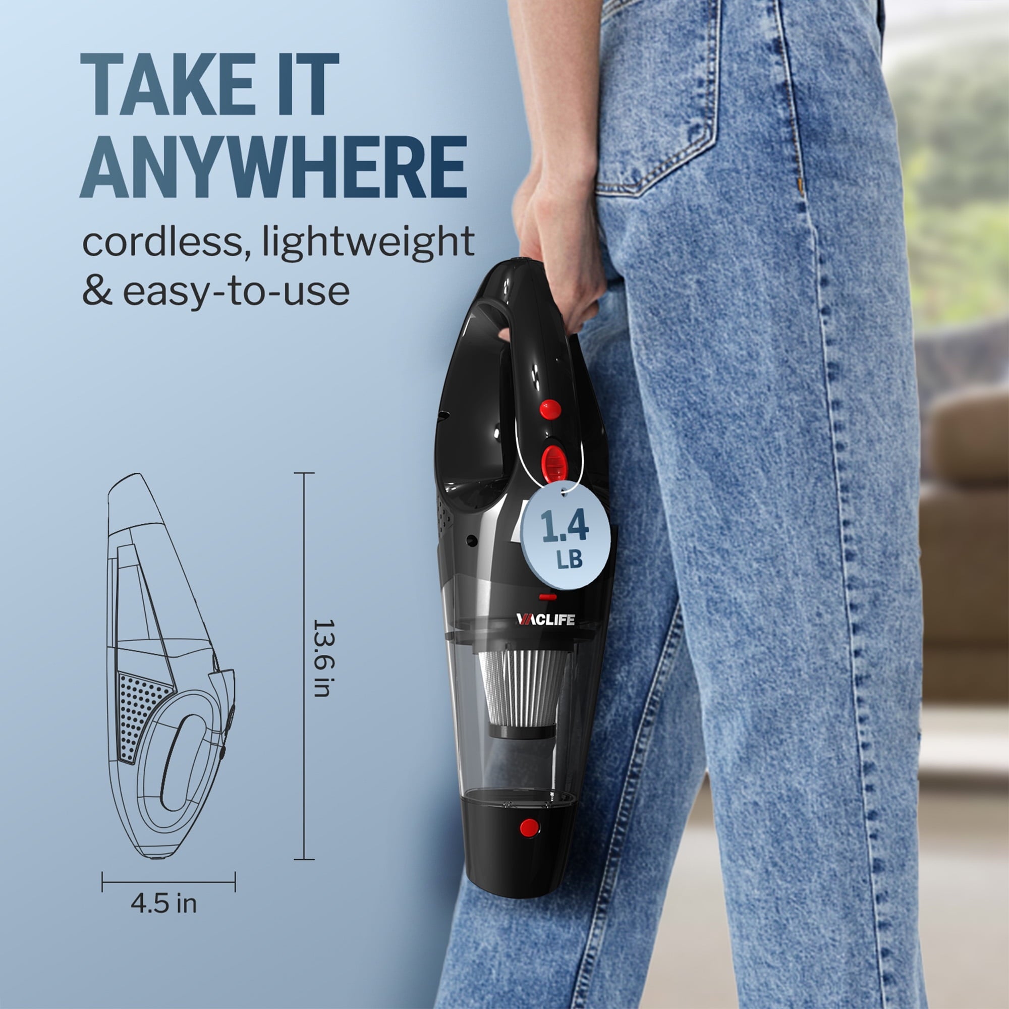 Vaclife Portable Handheld Vacuum, Car Vacuum Cleaner Cordless, Mini Portable Rechargeable Vacuum Cleaner with 2 Filters, Red