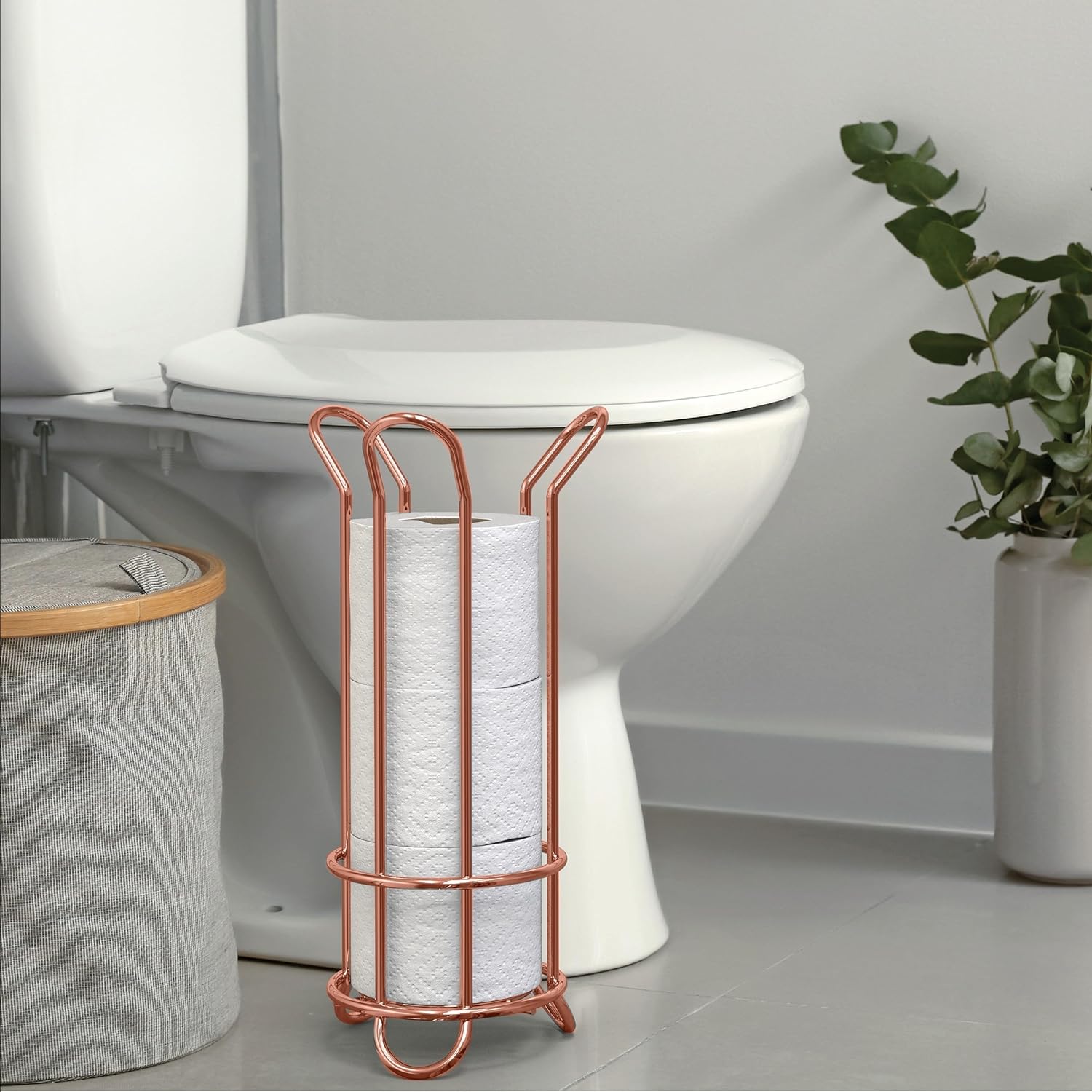 Brookstone Toilet Paper Holder Stand, Holds Mega Rolls, Rose Gold