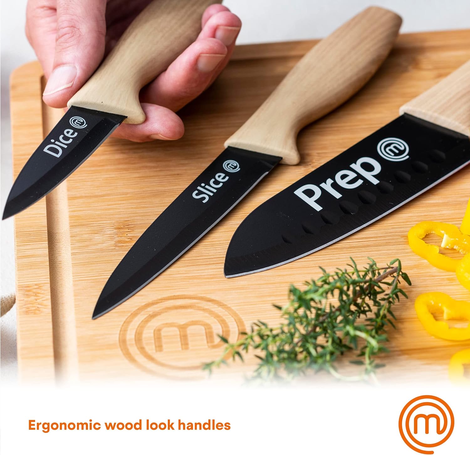 MasterChef Knife Set of 3 Kitchen Knives for Cooking with Non Stick Blades & Soft Touch Handles