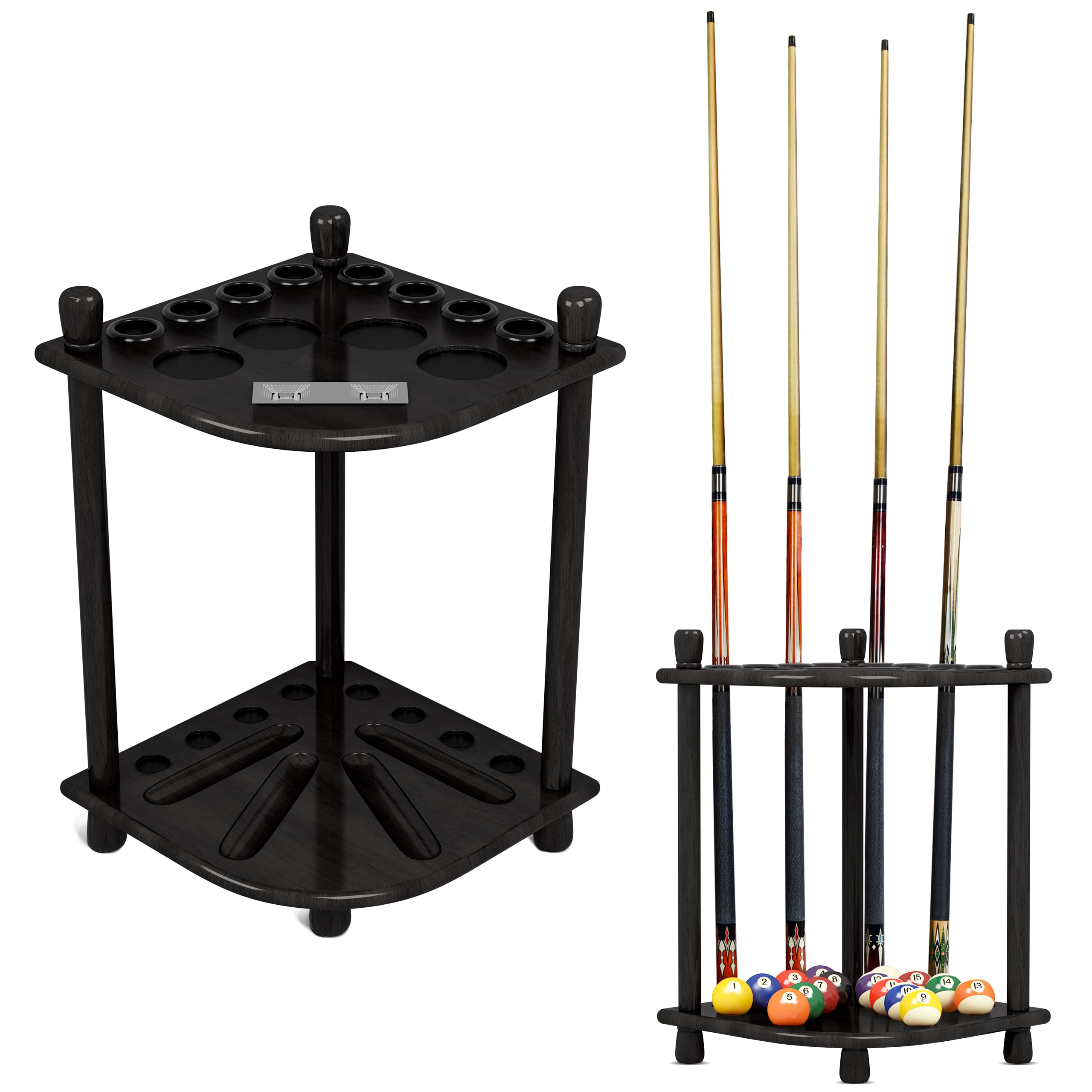ISZY Billiards Pool Stick Holder Wood Stand, Holds 8 Billiard Sticks, a Full Set of Balls & Includes 4 Score Counters