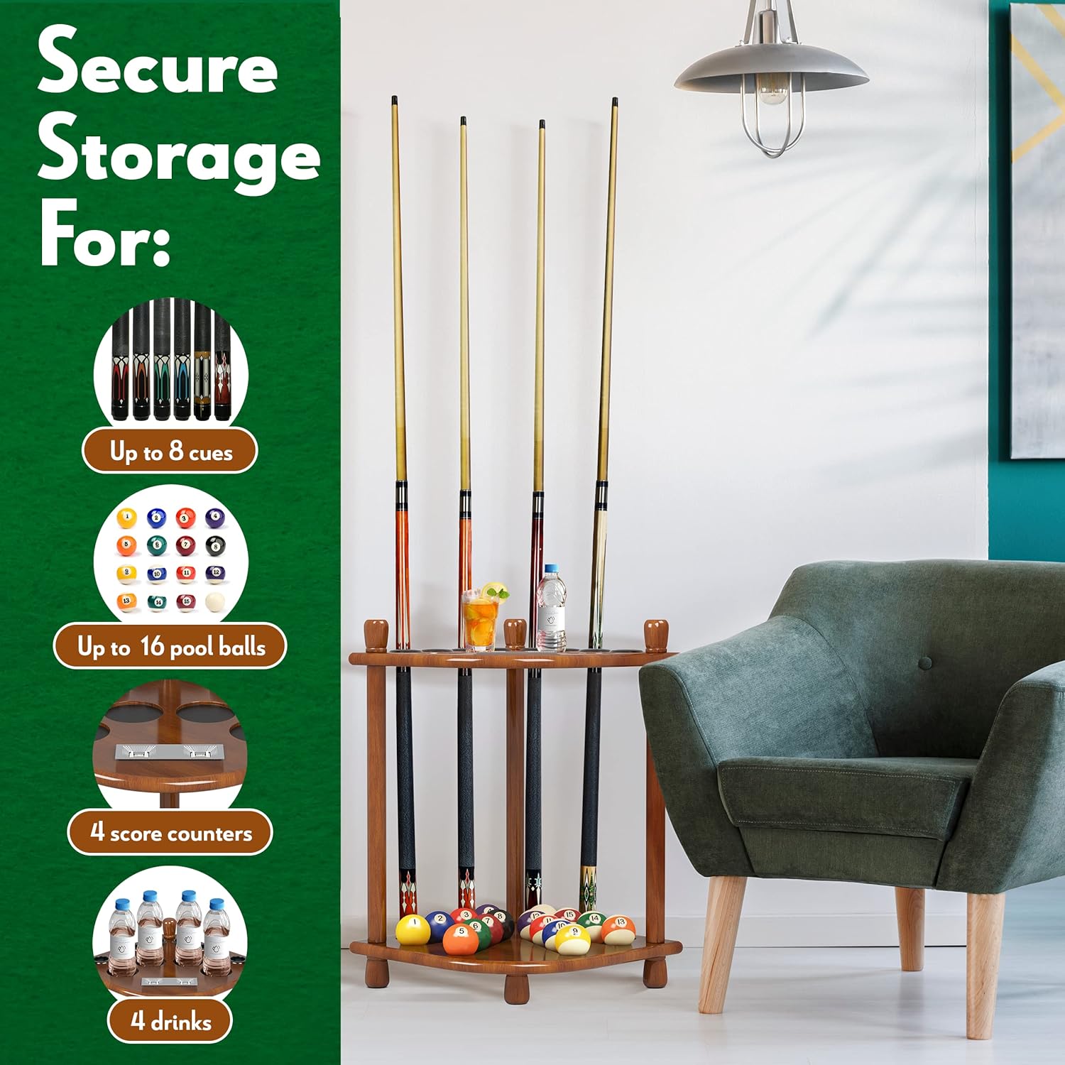 ISZY Billiards Pool Stick Holder Wood Stand, Holds 8 Billiard Sticks, a Full Set of Balls & Includes 4 Score Counters