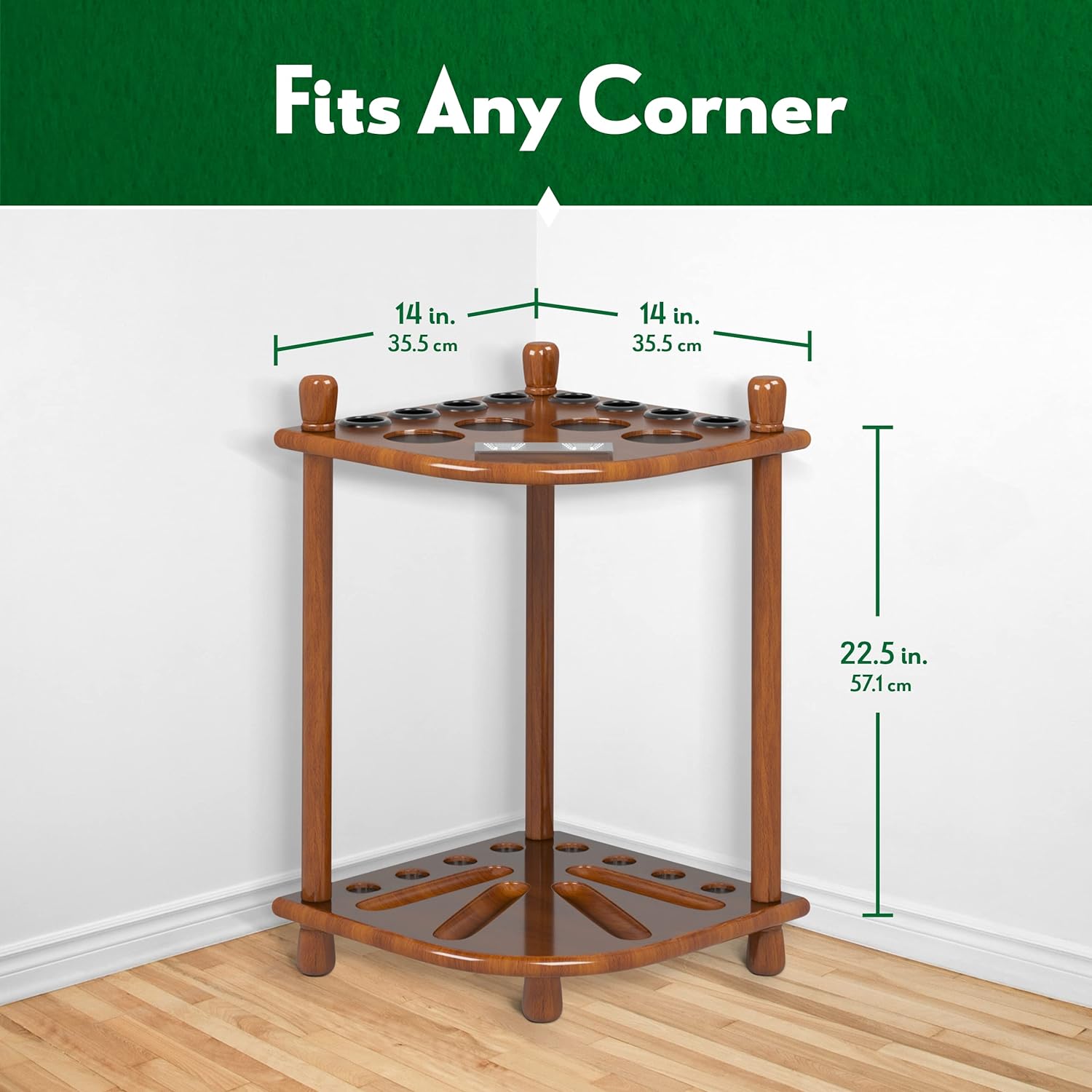 ISZY Billiards Pool Stick Holder Wood Stand, Holds 8 Billiard Sticks, a Full Set of Balls & Includes 4 Score Counters