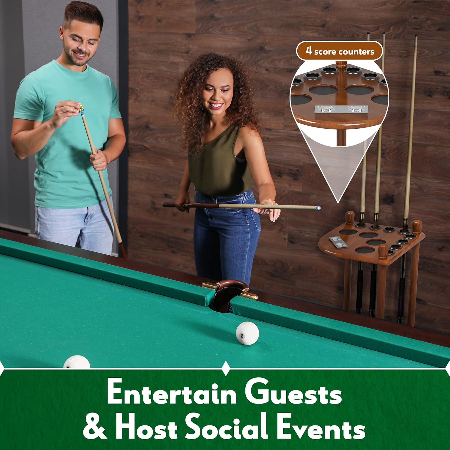 ISZY Billiards Pool Stick Holder Wood Stand, Holds 8 Billiard Sticks, a Full Set of Balls & Includes 4 Score Counters