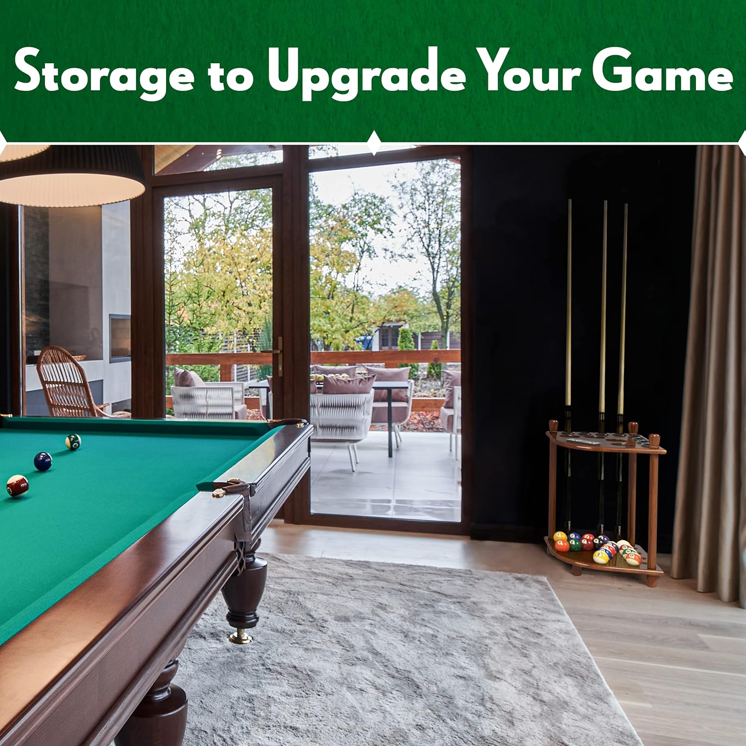 ISZY Billiards Pool Stick Holder Wood Stand, Holds 8 Billiard Sticks, a Full Set of Balls & Includes 4 Score Counters