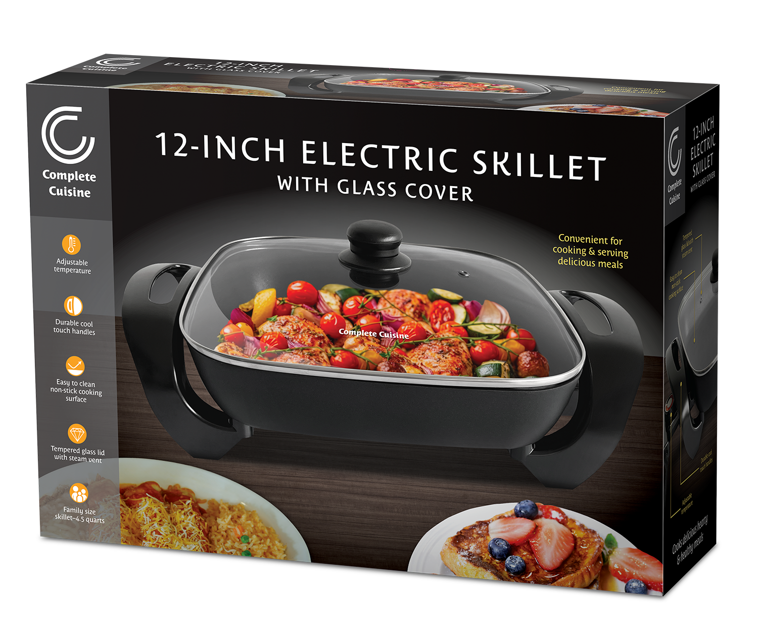 Complete Cuisine 12-Inch Non-Stick Electric Skillet with Glass Cover- Family Sized 4.5 quarts