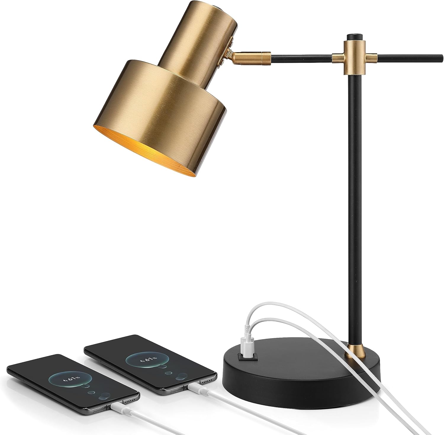 Rumi Lighting 17 in. Brass Gold and Black Lamp with 2 Fast Charging USB Ports for Task and Reading