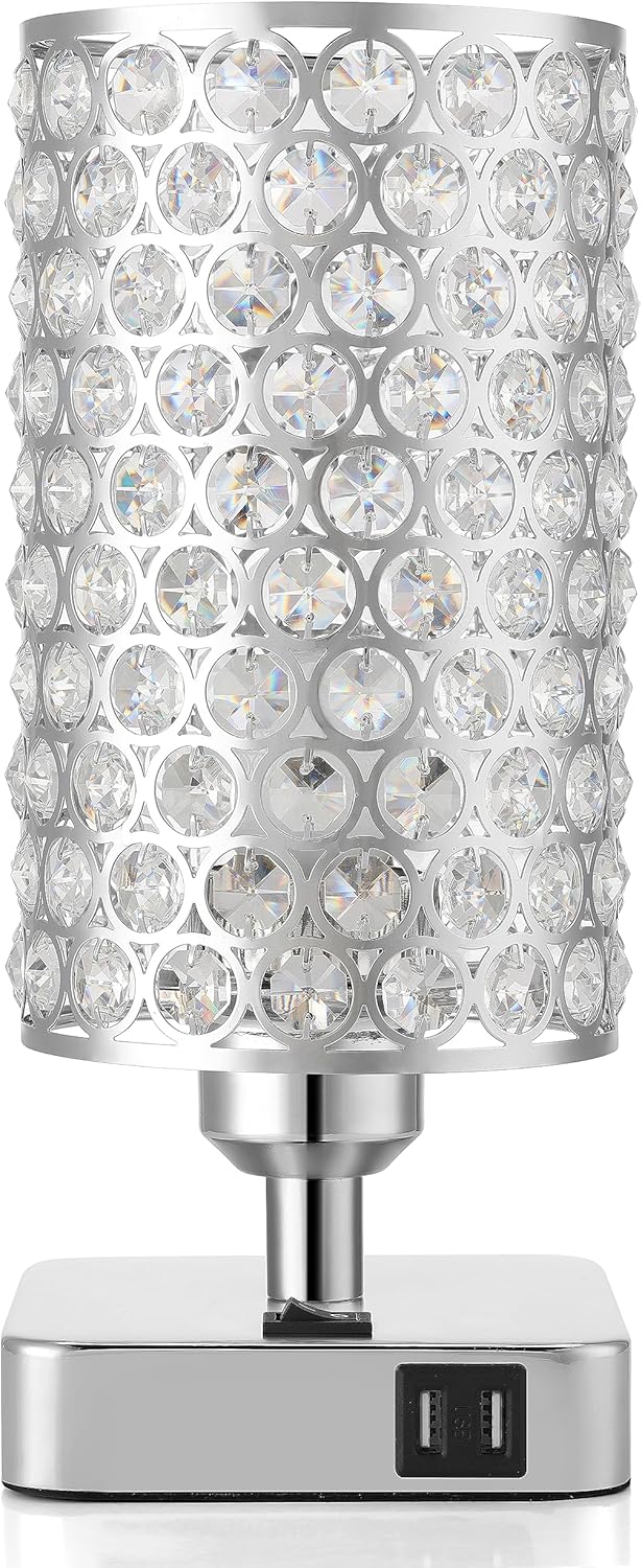 Rumi 6W LED Crystal Table Lamp with USB Charging – 11" Chrome Bedside Light