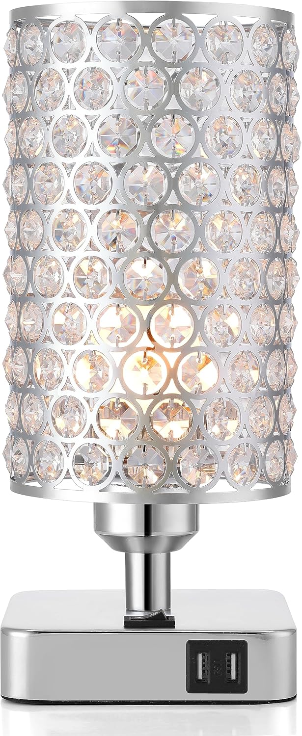 Rumi 6W LED Crystal Table Lamp with USB Charging – 11" Chrome Bedside Light