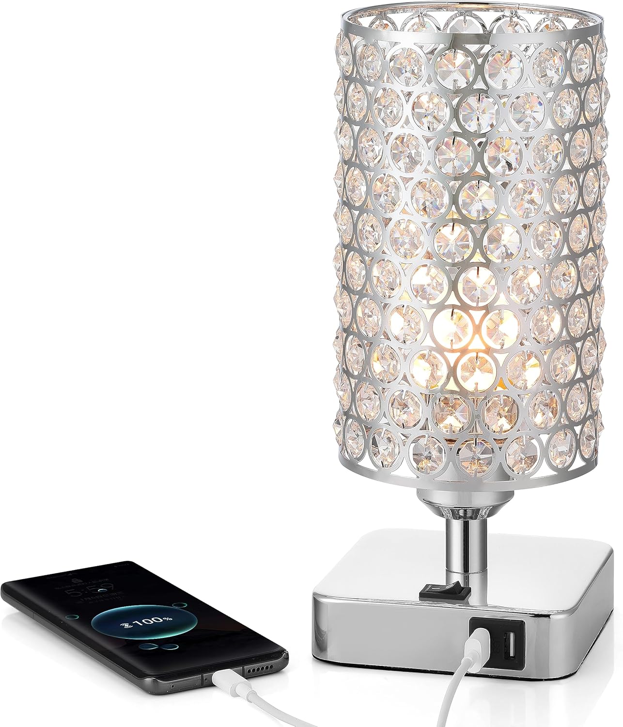 Rumi 6W LED Crystal Table Lamp with USB Charging – 11" Chrome Bedside Light