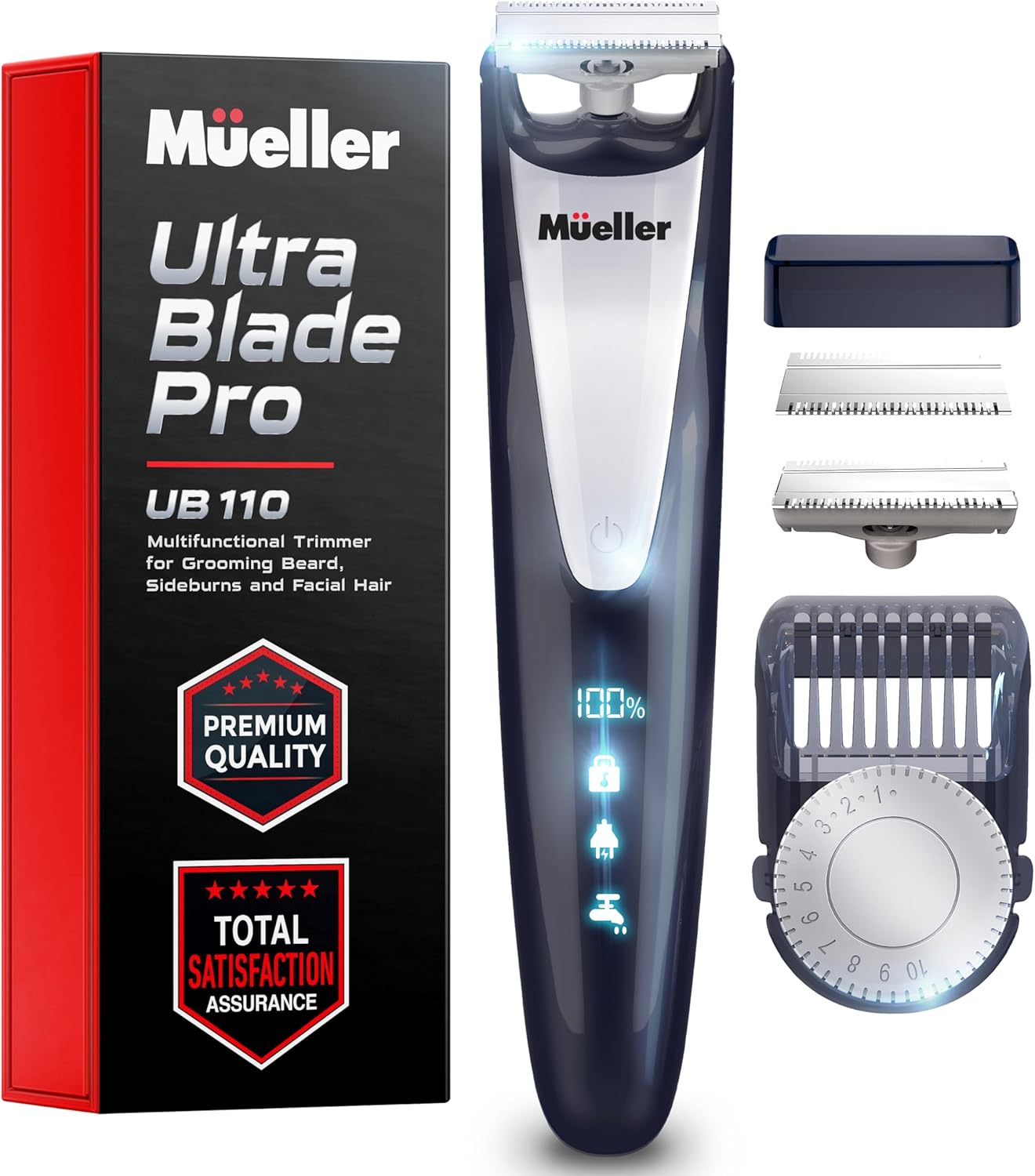 Mueller Pro Grooming UltraOneBlade Trimmer for Men - Beard and Mustache - Electric Razor Cordless, Waterproof Adjustable Hair Length, and Battery Indicator for Precision Grooming