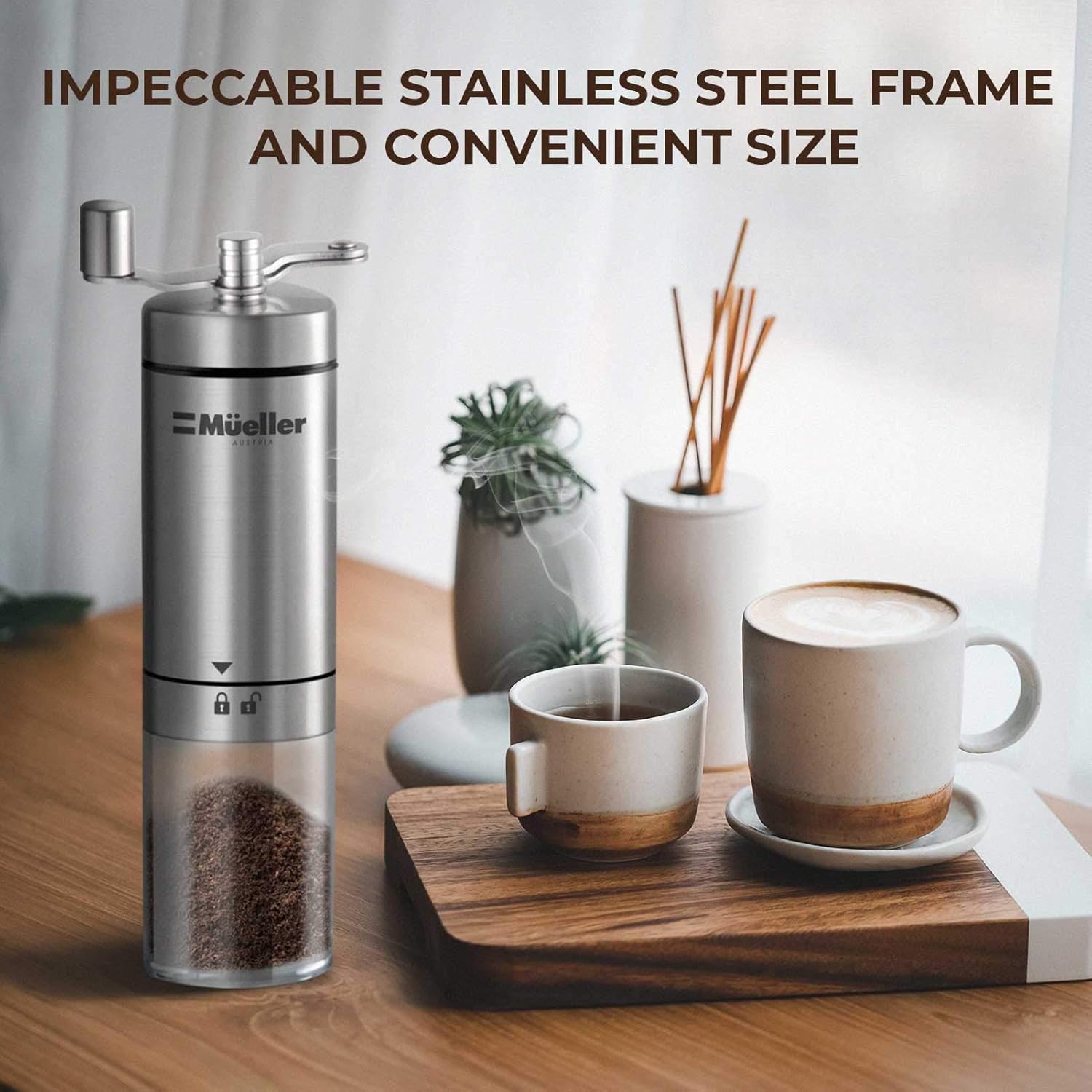 Mueller Manual Coffee Grinder Adjustable Ceramic Conical Burr Mill, Whole Bean Heavy Duty Burr Coffee Grinder for French Press/Turkish Brew, Brushed Stainless Steel Coffee Bean Grinder