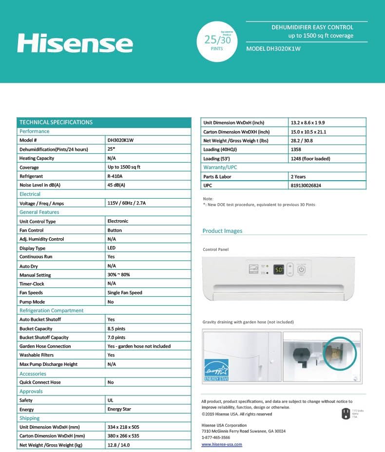 Hisense 30-Pint Dehumidifier, LED Display, 1500 Sq Ft (Refurbished)