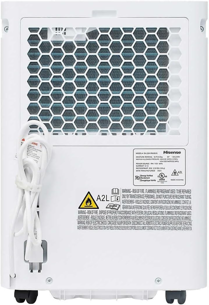 Hisense 35 Pint 3,000 sq. ft. Portable Dehumidifier, 3-Speed, Easy-carry handle - HD3524 (Renewed)