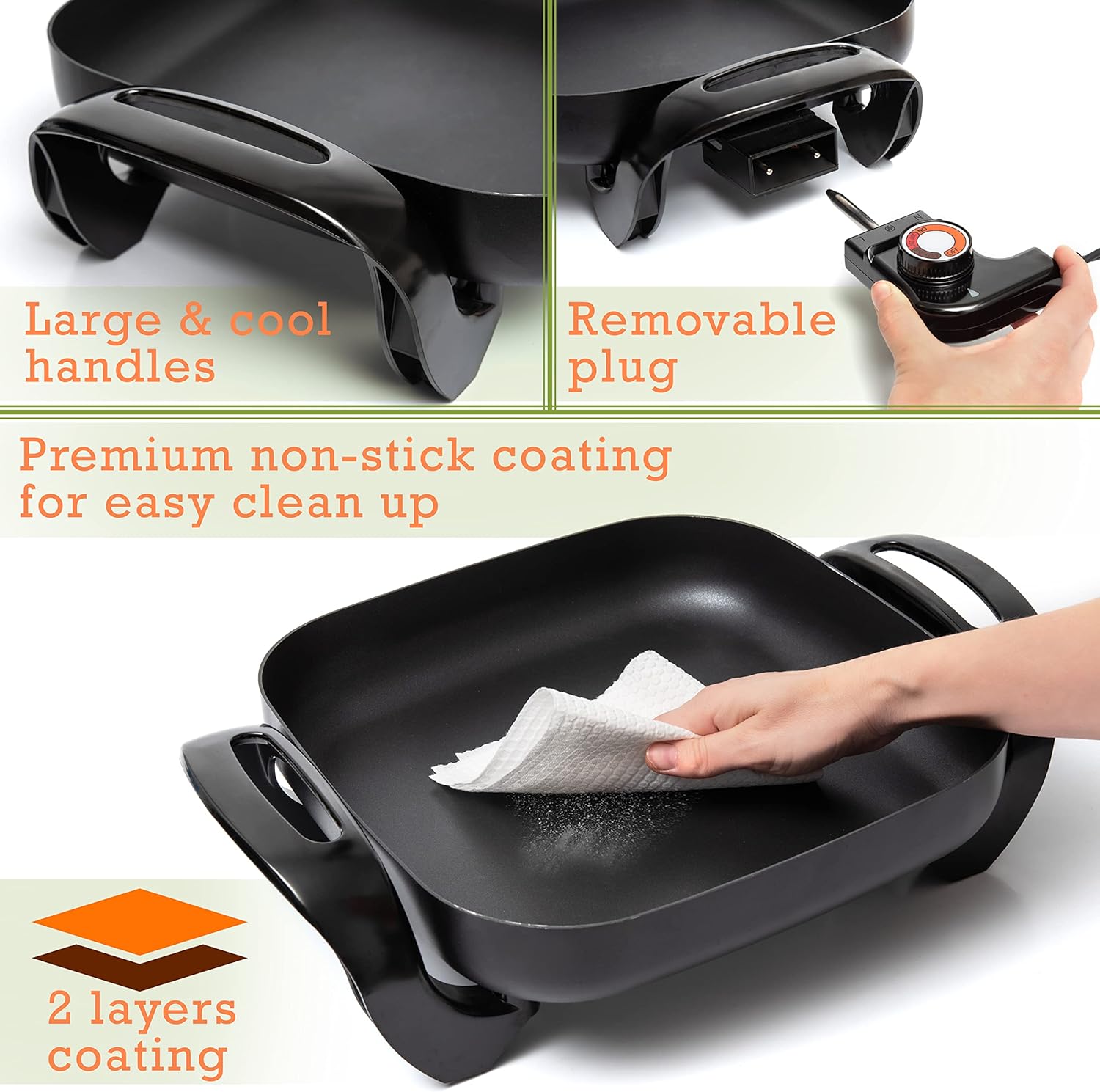 Moss & Stone Square Nonstick Electric Skillet With Lid, Aluminum 12 Inch Electric Frying Pan, 2 Layers Of Non-Stick Coating, Adjustable Temperature Control, Lid With Steam Vent & Heat-Resistant Handle