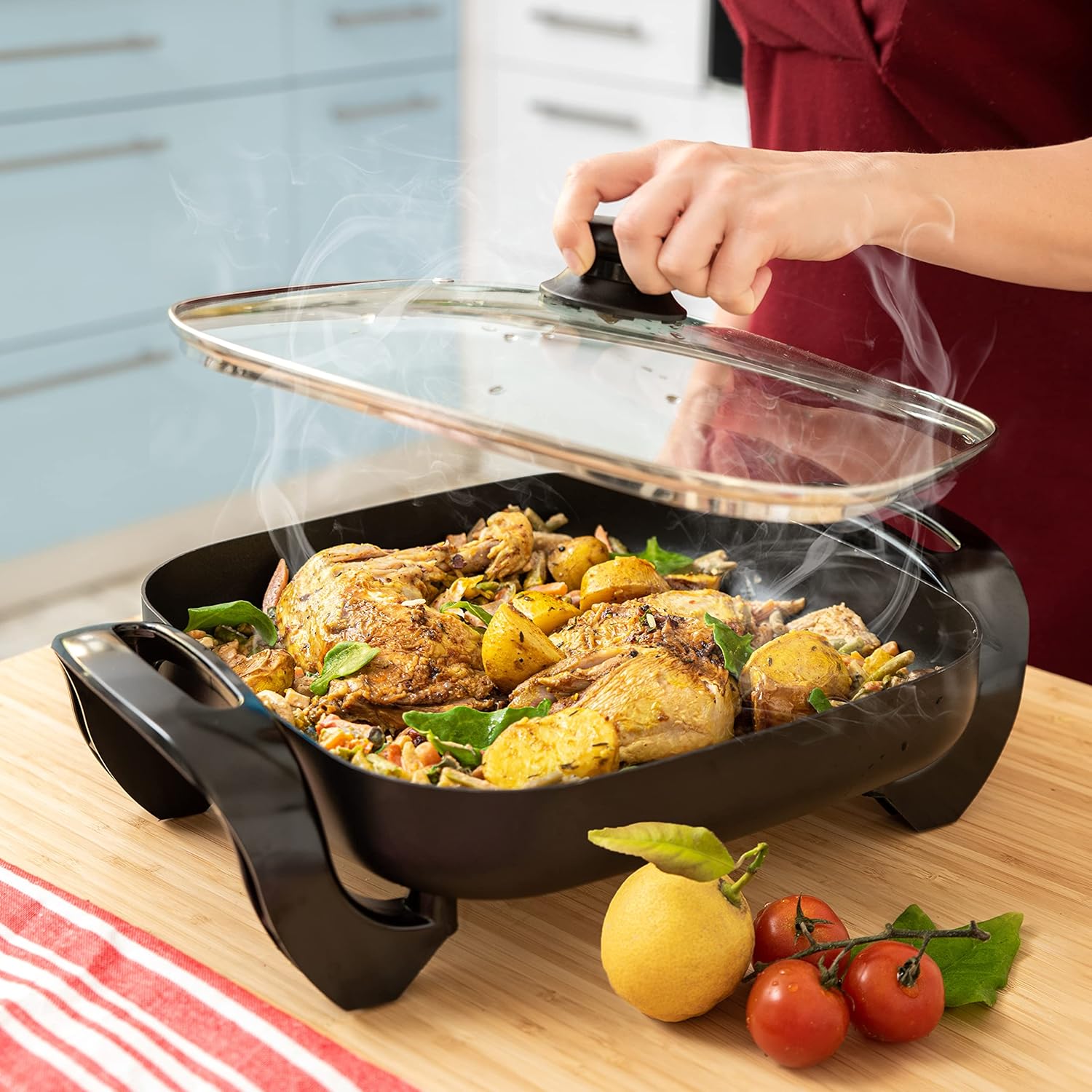 Moss & Stone Square Nonstick Electric Skillet With Lid, Aluminum 12 Inch Electric Frying Pan, 2 Layers Of Non-Stick Coating, Adjustable Temperature Control, Lid With Steam Vent & Heat-Resistant Handle