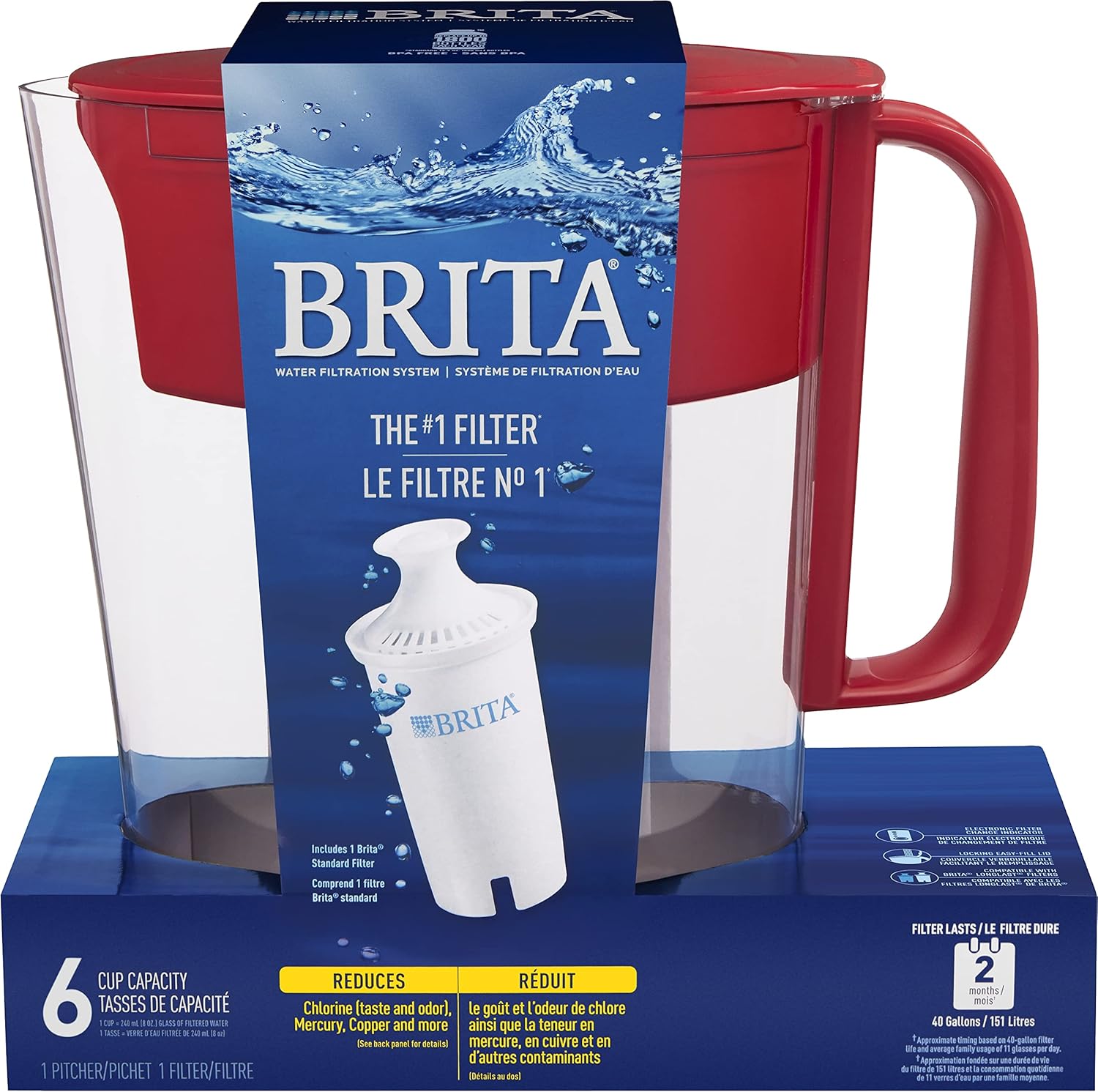 Brita Metro 6-Cup Water Filter Pitcher Red BPA-Free w/ 1 Filter