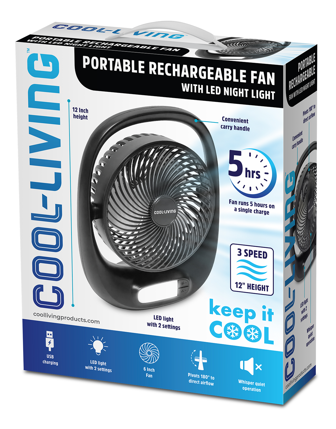 Cool- Living 6" Portable Rechargeable Fan with LED Night Light