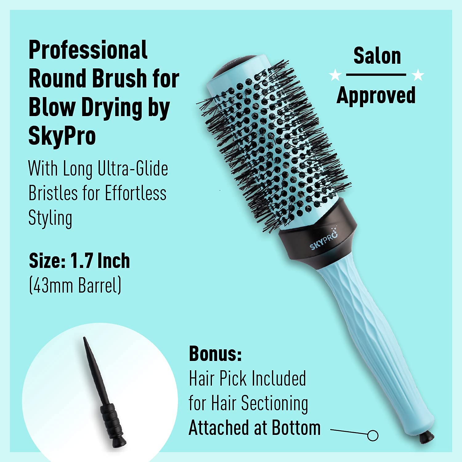 SKYPRO Professional 1.7" Round Brush – Ceramic Ion Barrel Volumizing Blow Drying Brush with Ultra-Glide Bristles