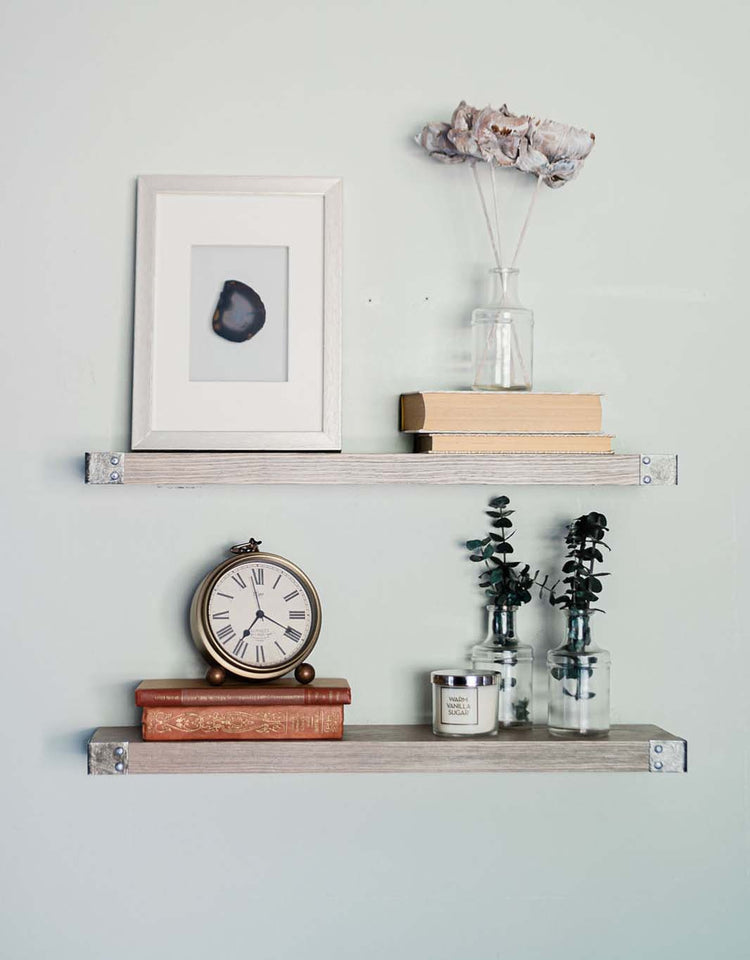 The Karina - Rustic Gray Floating Shelves with Antiqued Iron Corners, All Wood Wall Shelves - Set of 2- 24 x 6 x 1.5 in