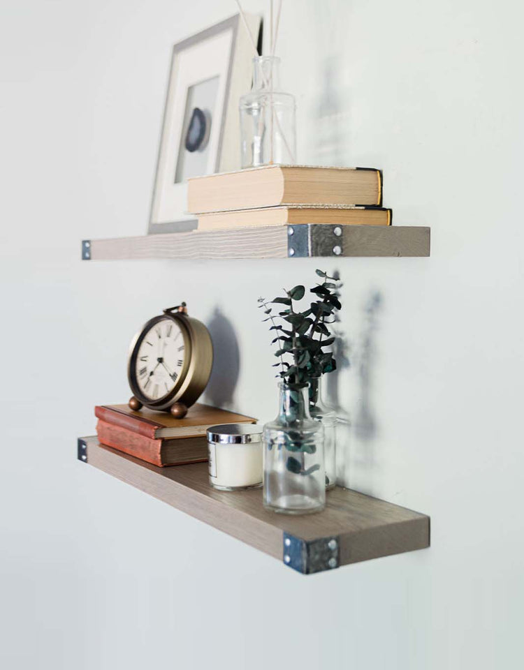 The Karina - Rustic Gray Floating Shelves with Antiqued Iron Corners, All Wood Wall Shelves - Set of 2- 24 x 6 x 1.5 in