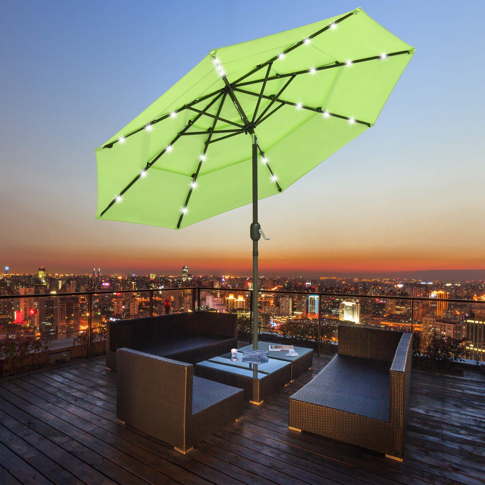 Yescom 9FT 3 Tier UV70+ Solar Powered LED Patio Umbrella with Crank Tilt Button, Apple Green