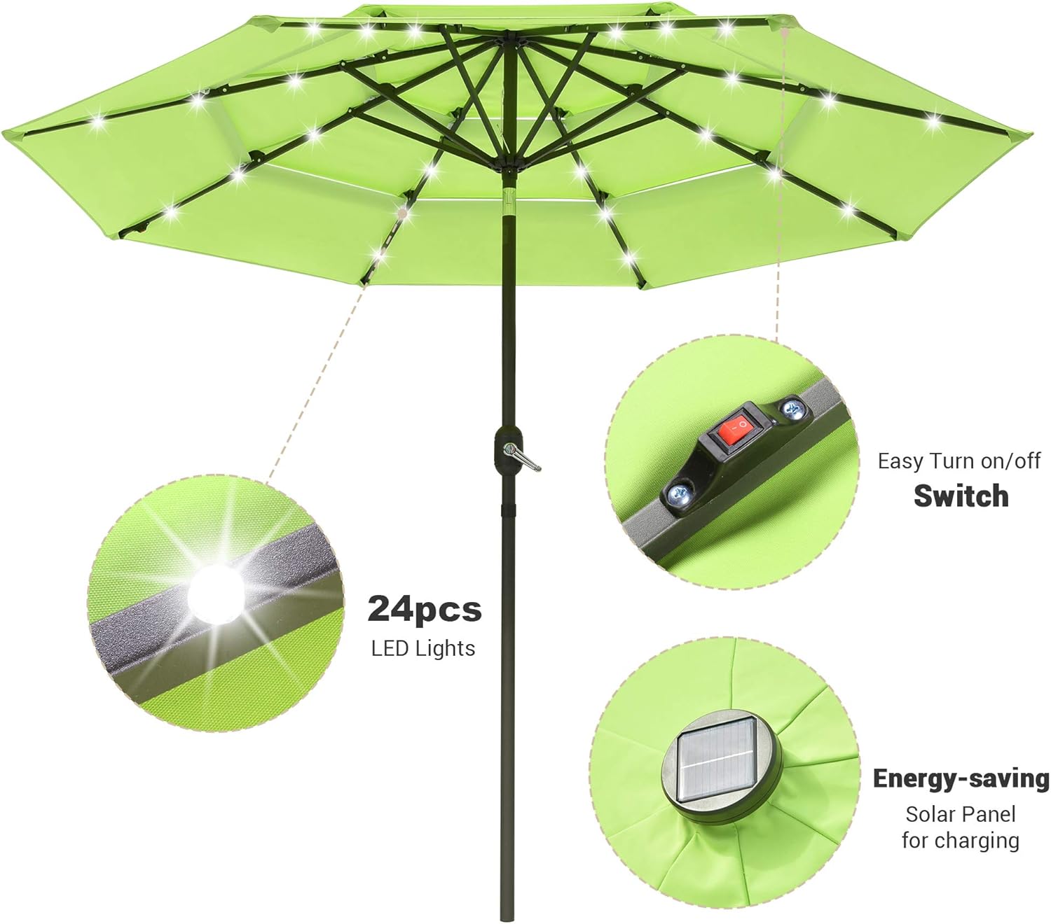 Yescom 9FT 3 Tier UV70+ Solar Powered LED Patio Umbrella with Crank Tilt Button, Apple Green